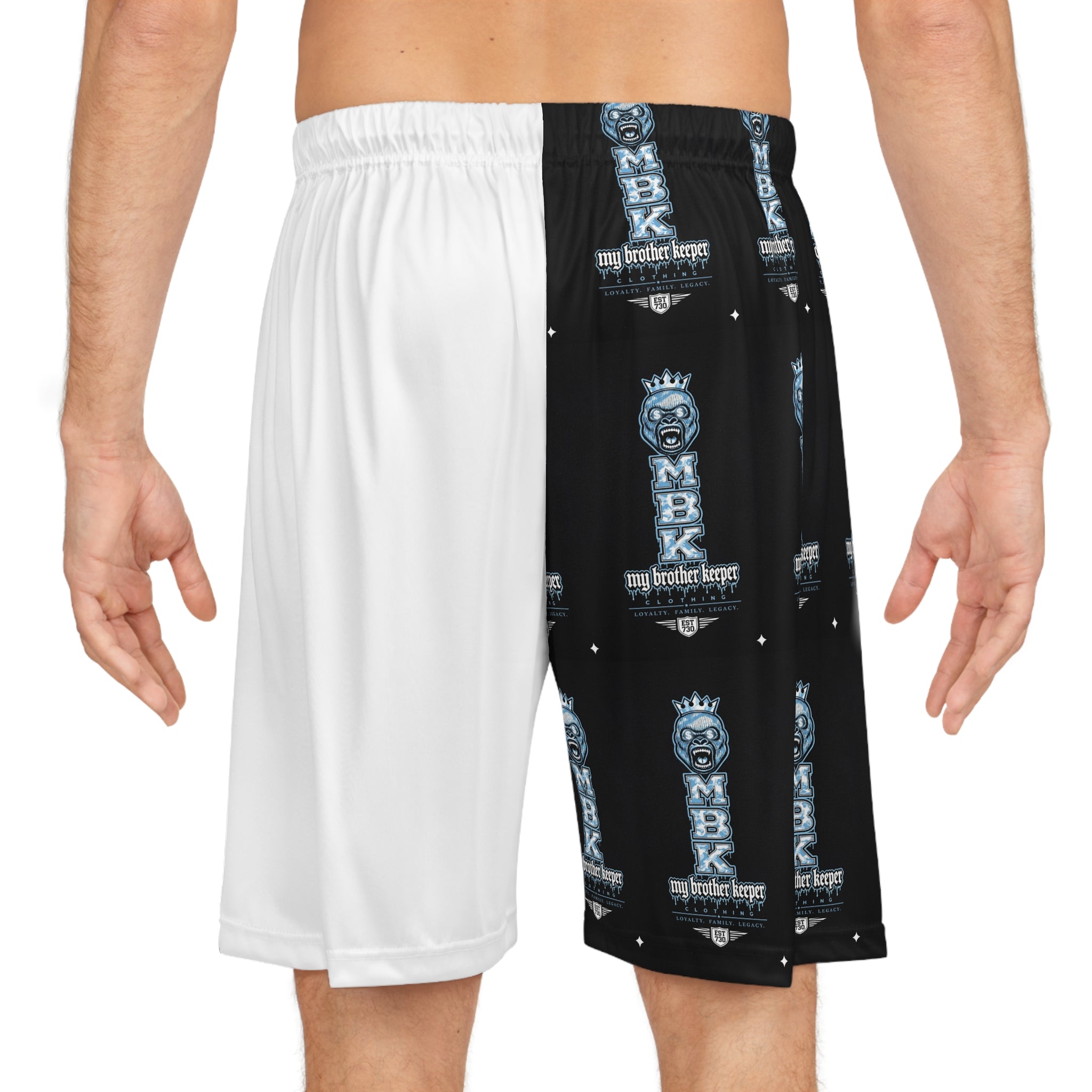 Basketball Shorts — Black & White MBK Crown All-Over Print
