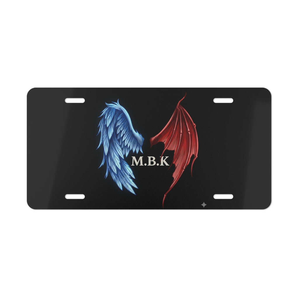 Vanity Plate - Blue Angel & Red Demon Wings License Plate (Custom Initials: M.B.K.)