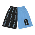 Split-Panel Basketball Shorts — Blue/Black Logo All-Over Print