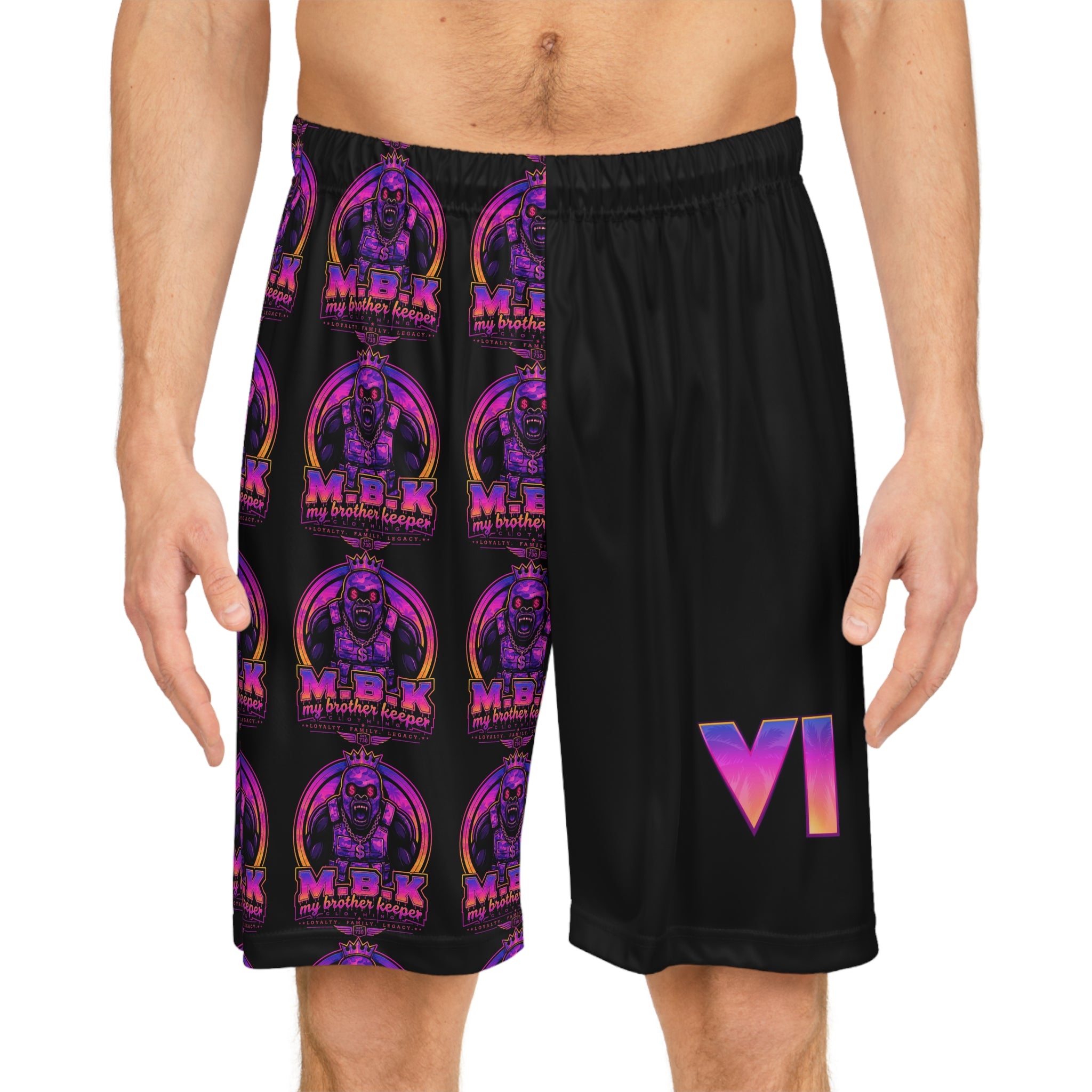 Basketball Shorts – Neon Retro M.B.K. Logo All-Over Print