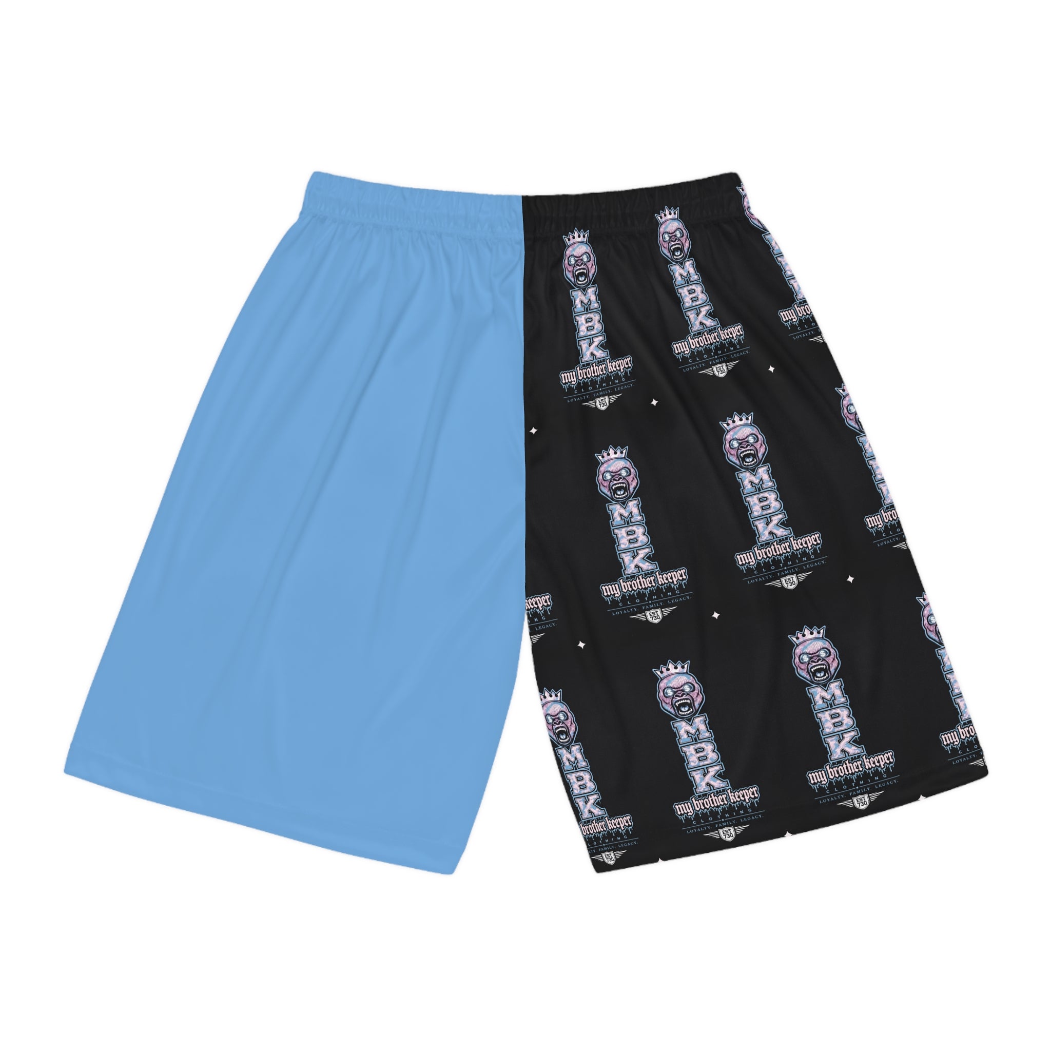 Split-Panel Basketball Shorts with MBK Logo — AOP Athletic Game Shorts