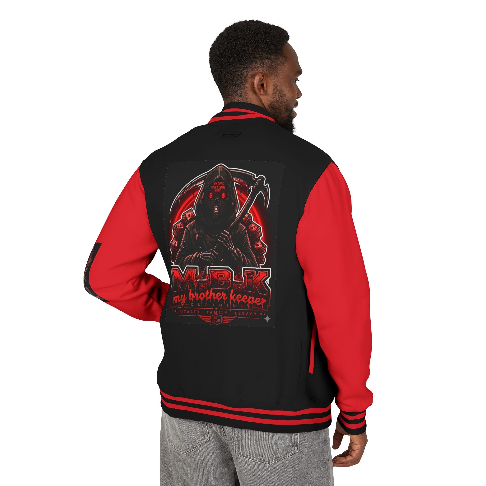 Letterman Jacket — 'My Brother Keeper' Red & Black Reaper Design