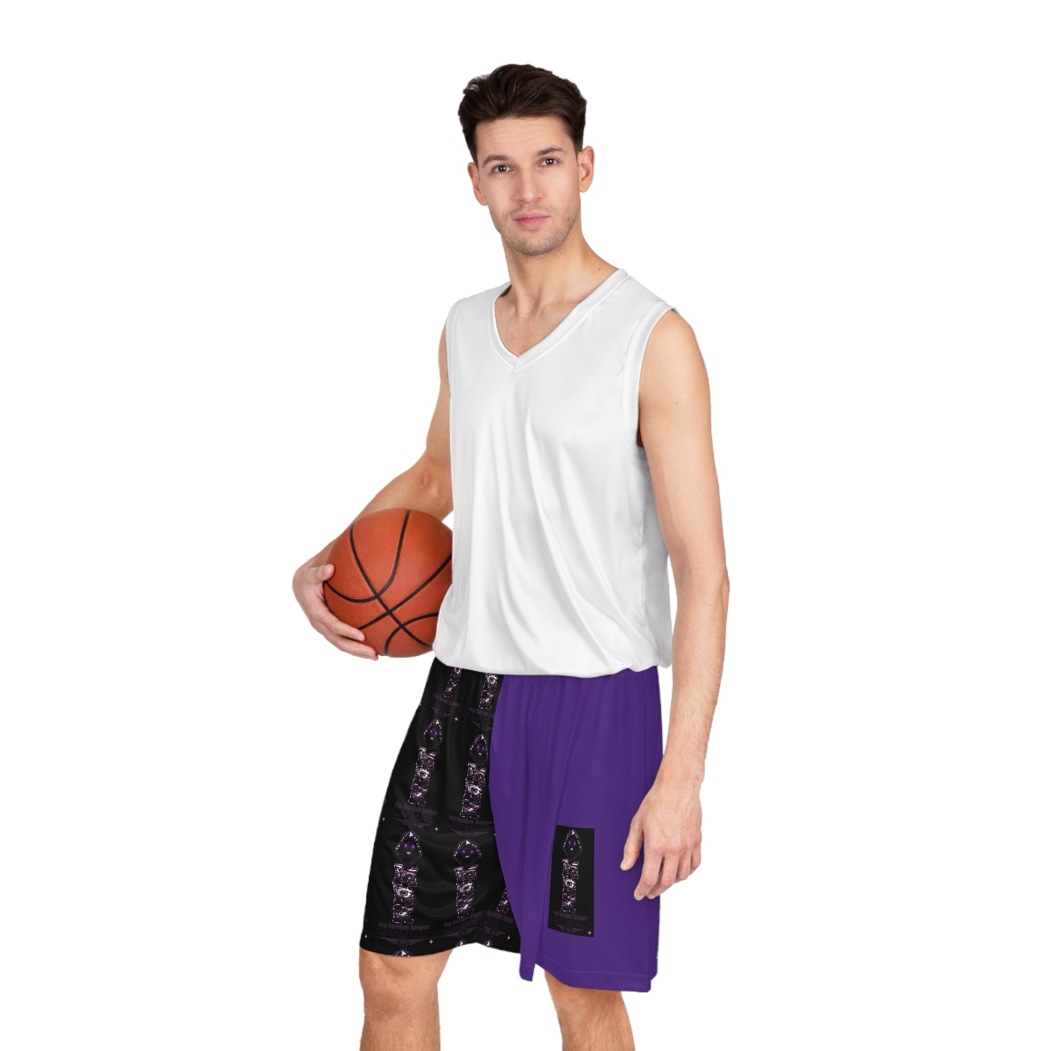 Purple Split-Panel Basketball Shorts with Gothic Skull AOP