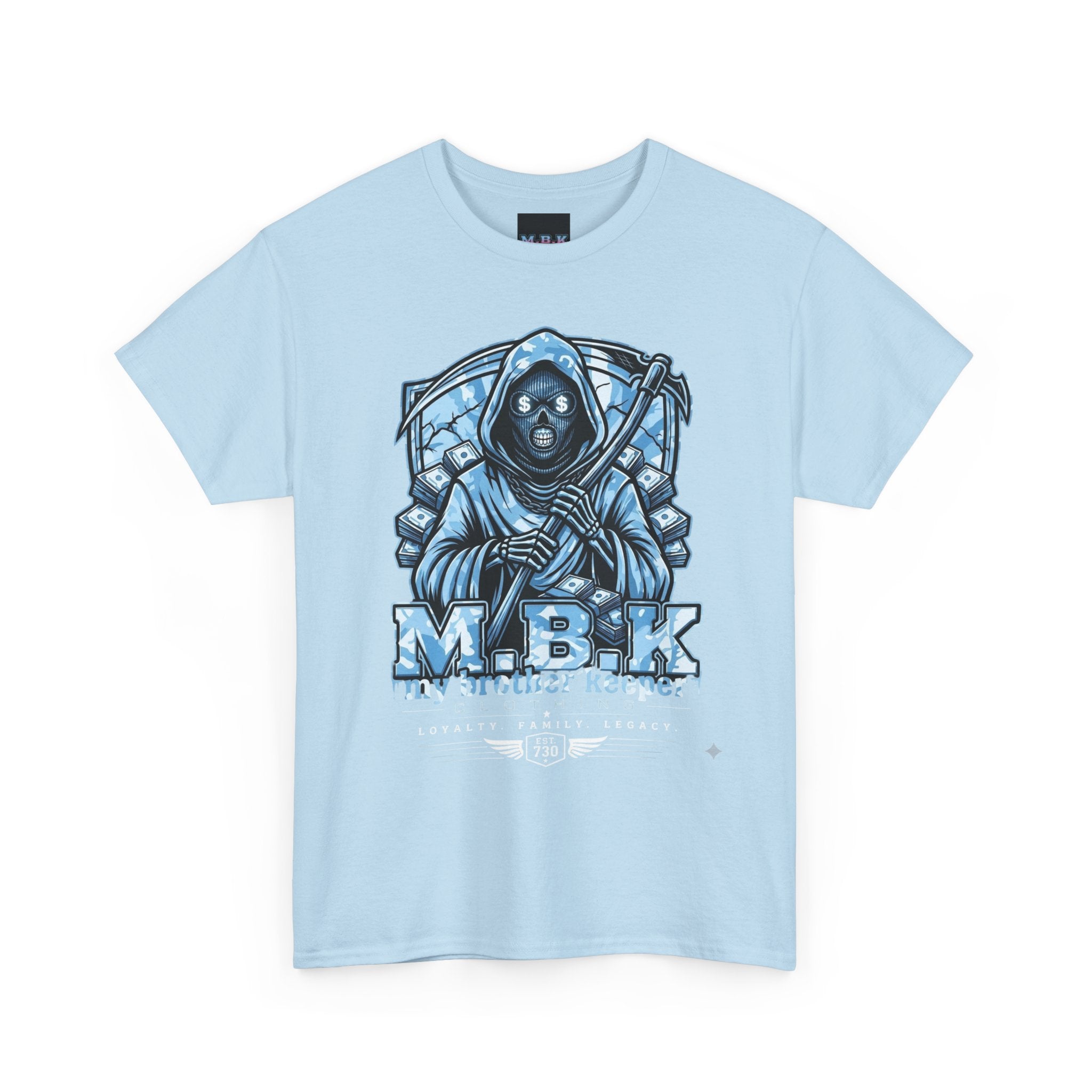 Grim Reaper Graphic Tee — M.B.K. Ice Blue Skull T-Shirt