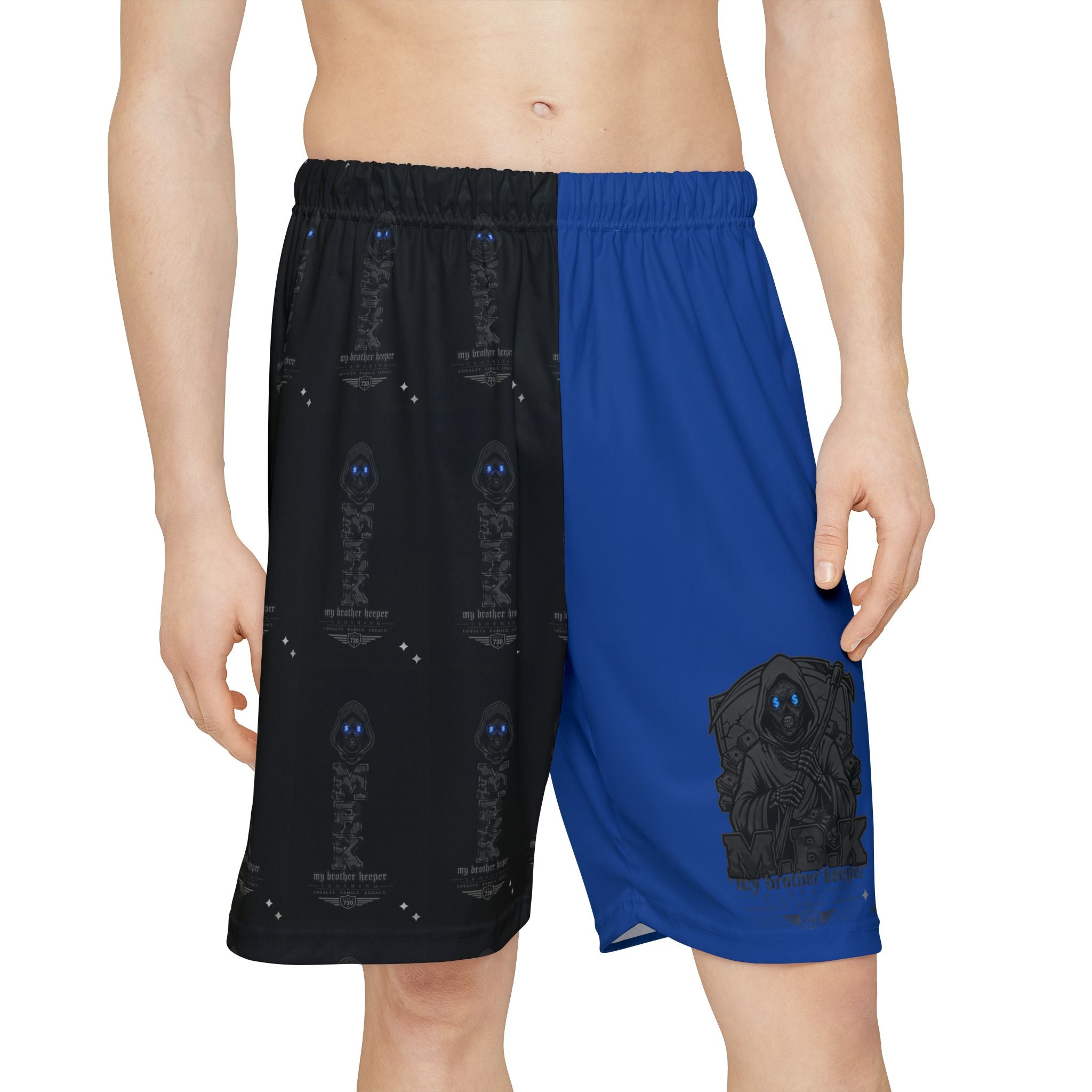 Galaxy Blue & Black Split Athletic Shorts — Space Skull Graphic Men’s Sports Shorts