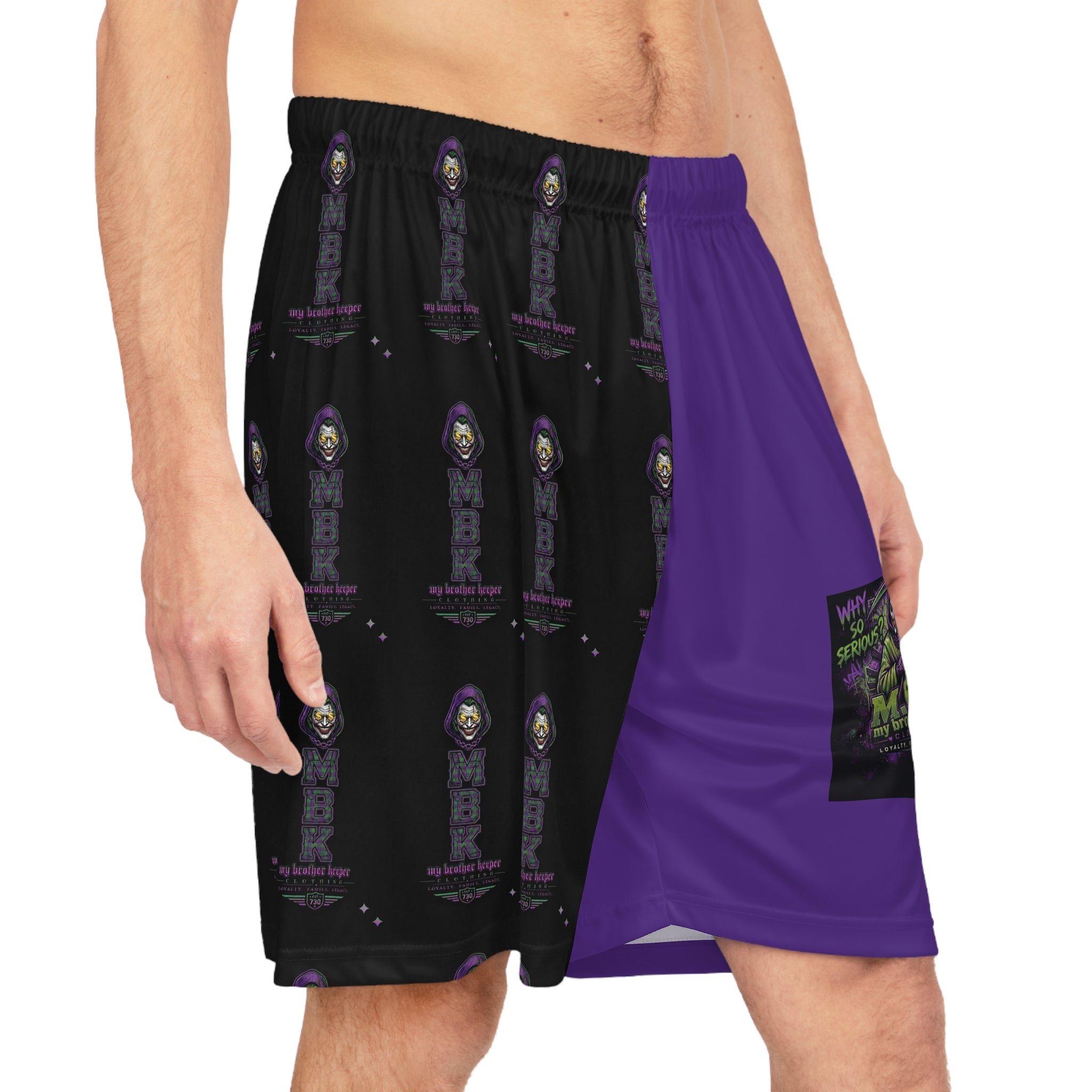 Basketball Shorts — Purple & Black All-Over Print with Icon Patch