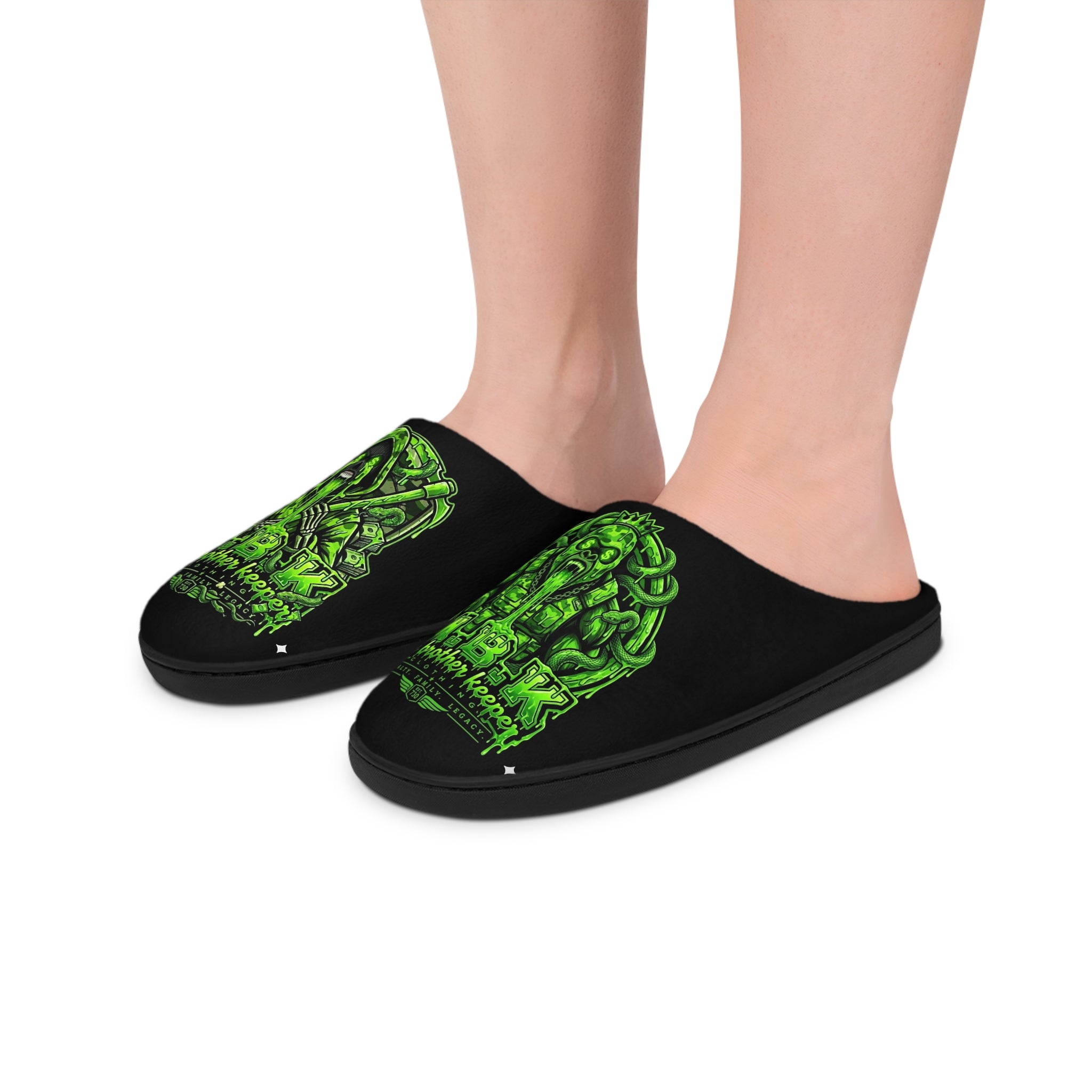 Men's Indoor Slippers — Neon Green Skull Monster Graphic