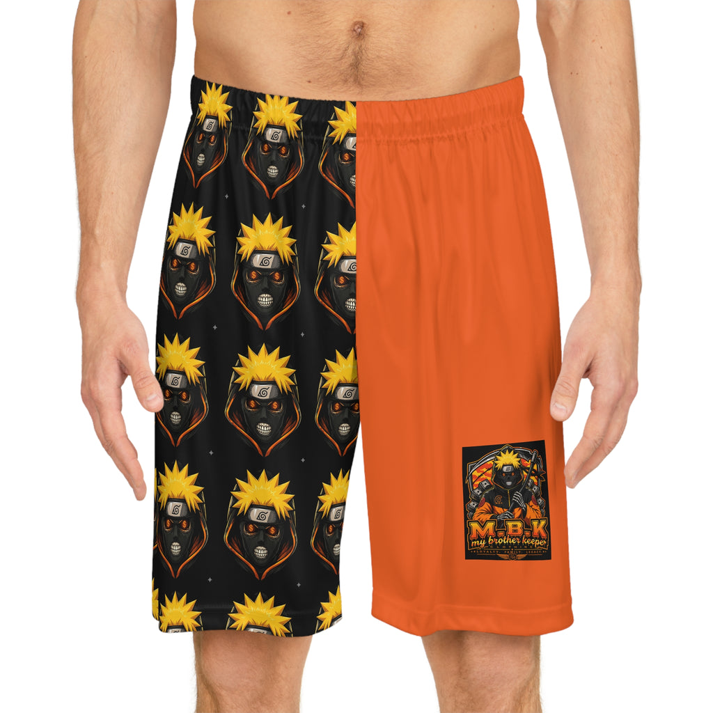 Anime-Inspired Orange Basketball Shorts — Dual-Panel AOP with Character Mask Pattern
