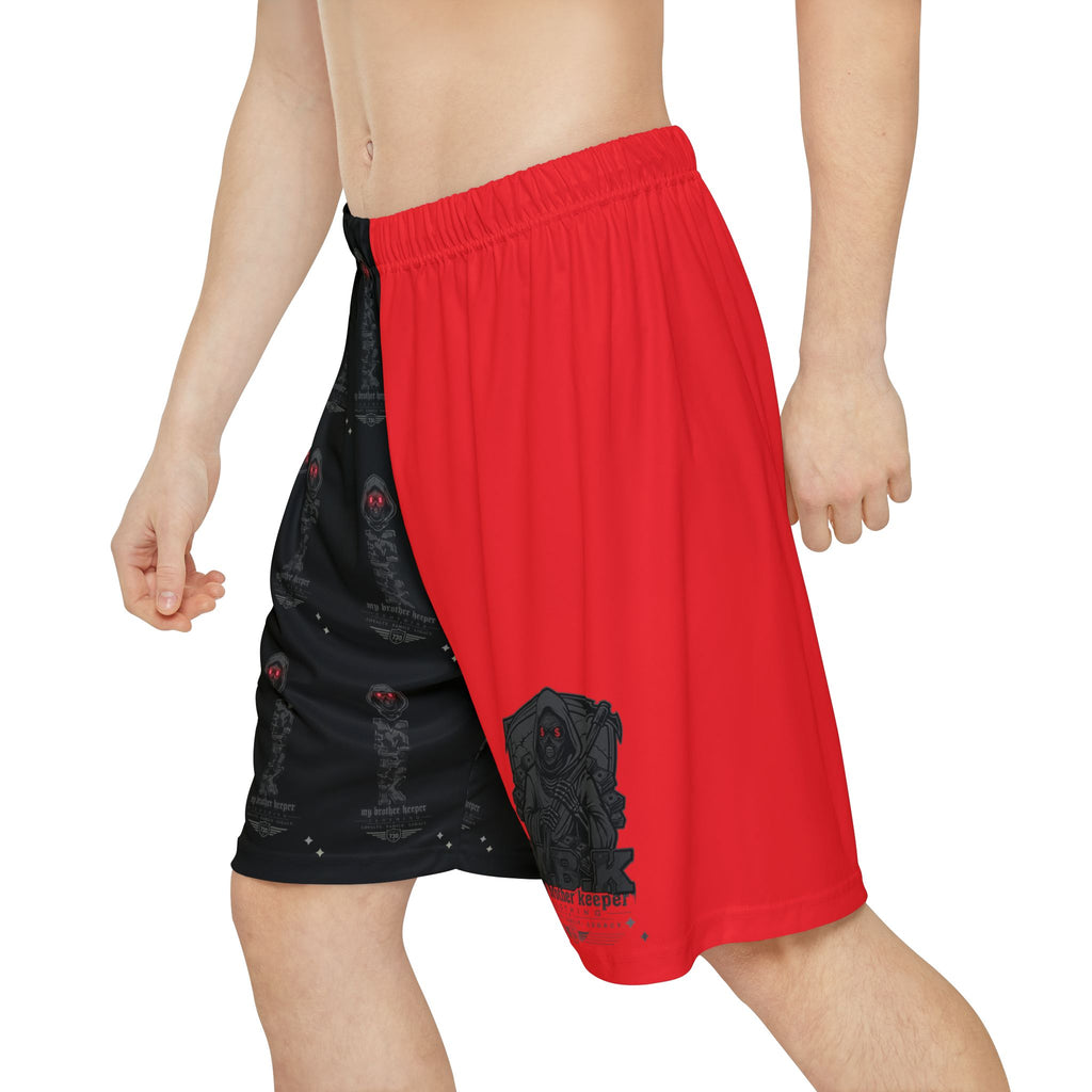 Men’s Split Red & Black Athletic Shorts — Gothic Crest All-Over Print