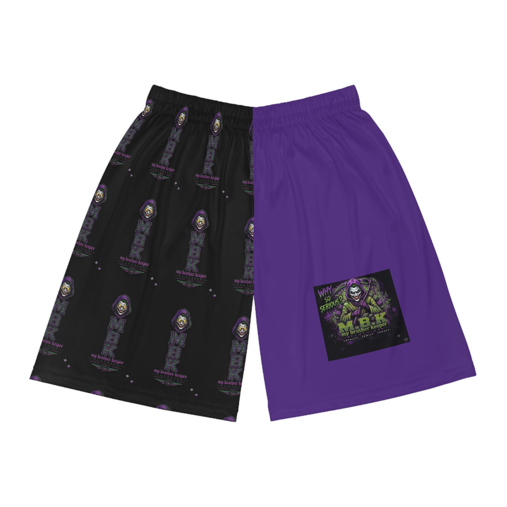 Basketball Shorts — Purple & Black All-Over Print with Icon Patch