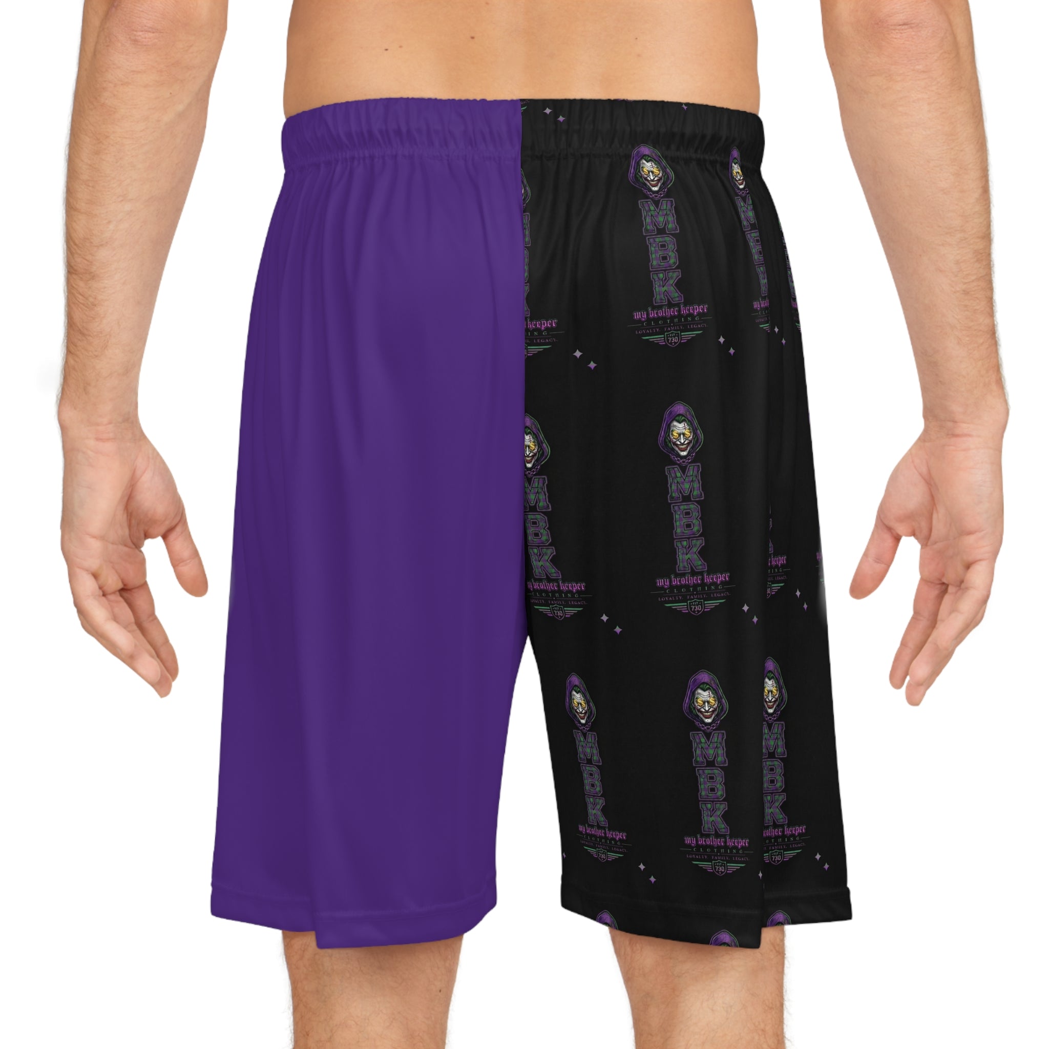 Basketball Shorts — Purple & Black All-Over Print with Icon Patch
