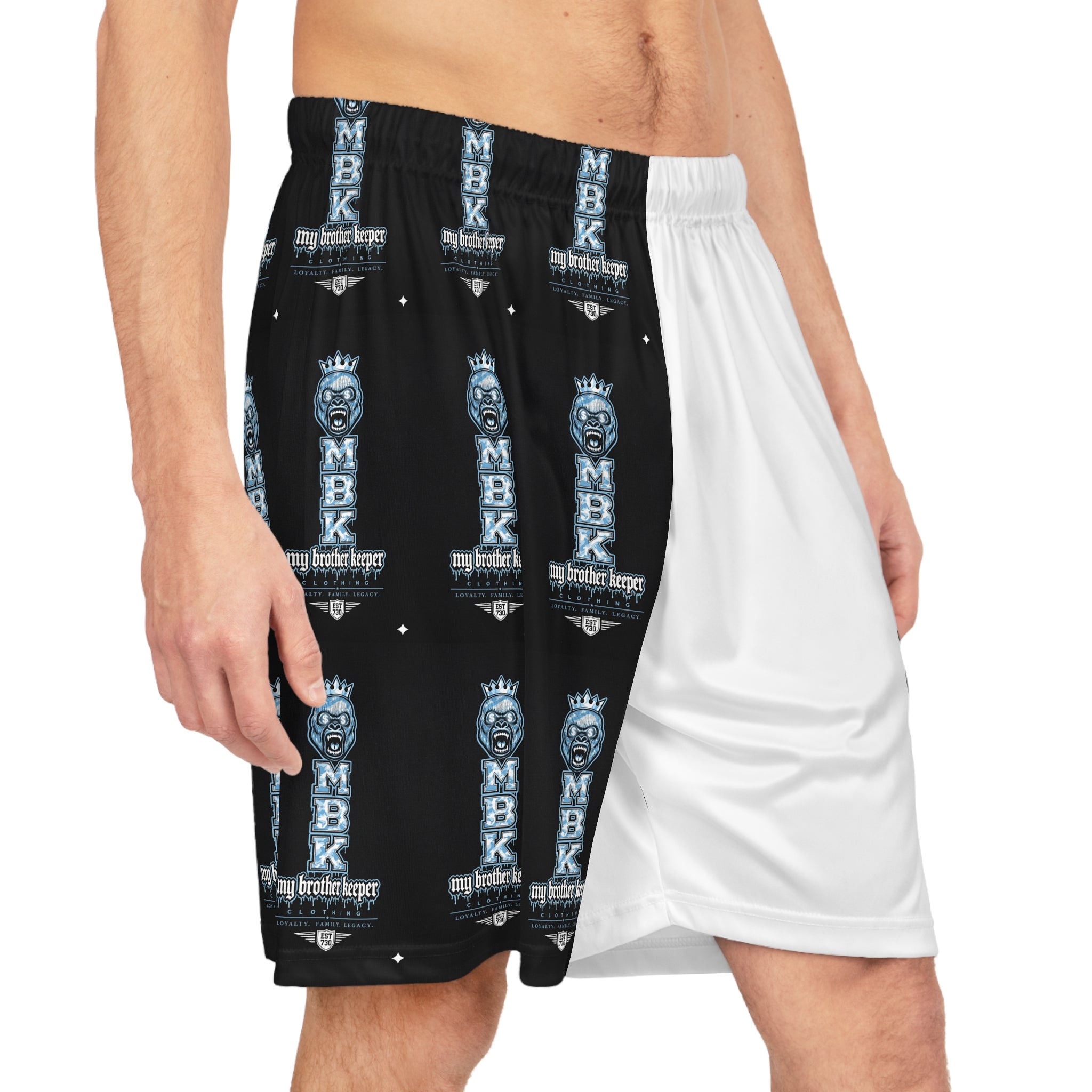 Basketball Shorts — Black & White MBK Crown All-Over Print