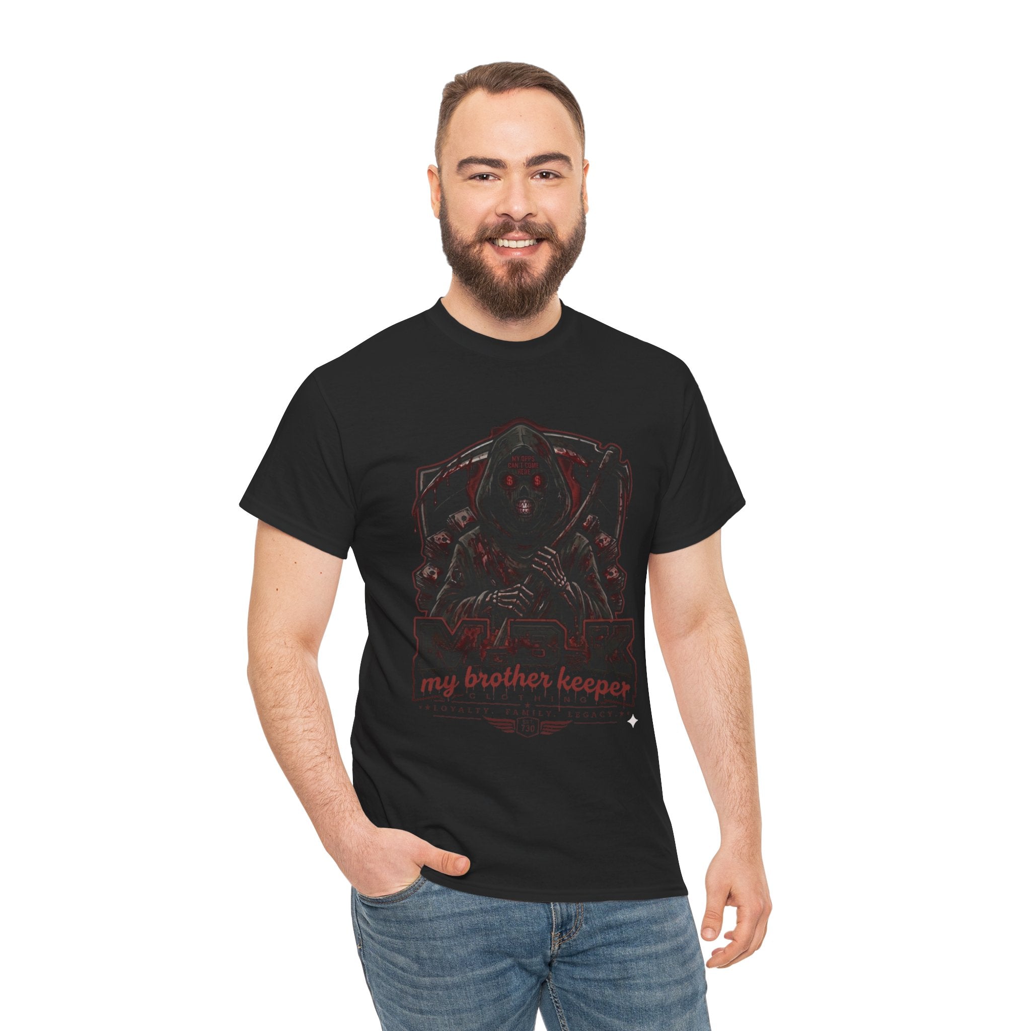 Horror 'My Brother's Keeper' Graphic Tee — Dark Gothic Skull Design