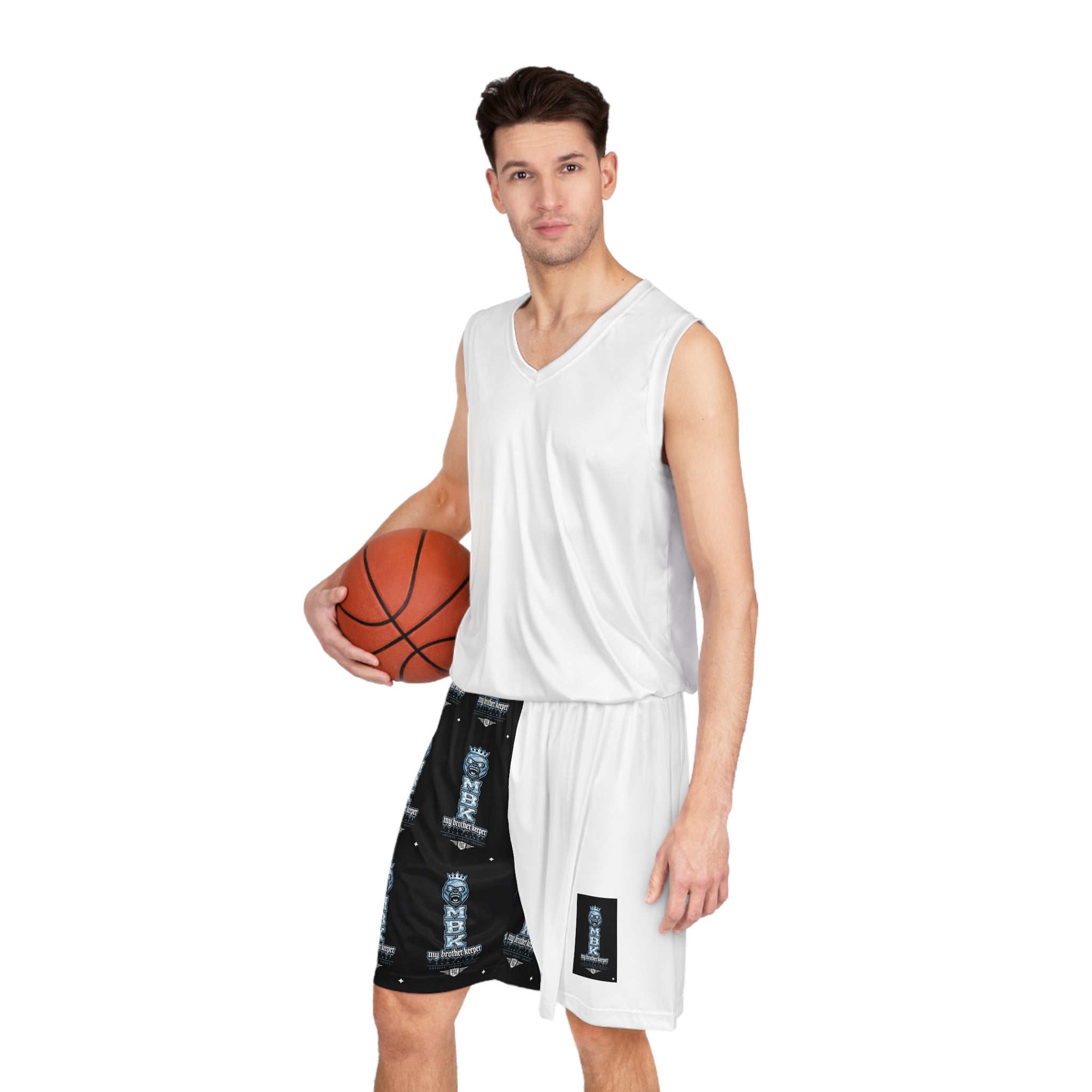 Basketball Shorts — Black & White MBK Crown All-Over Print