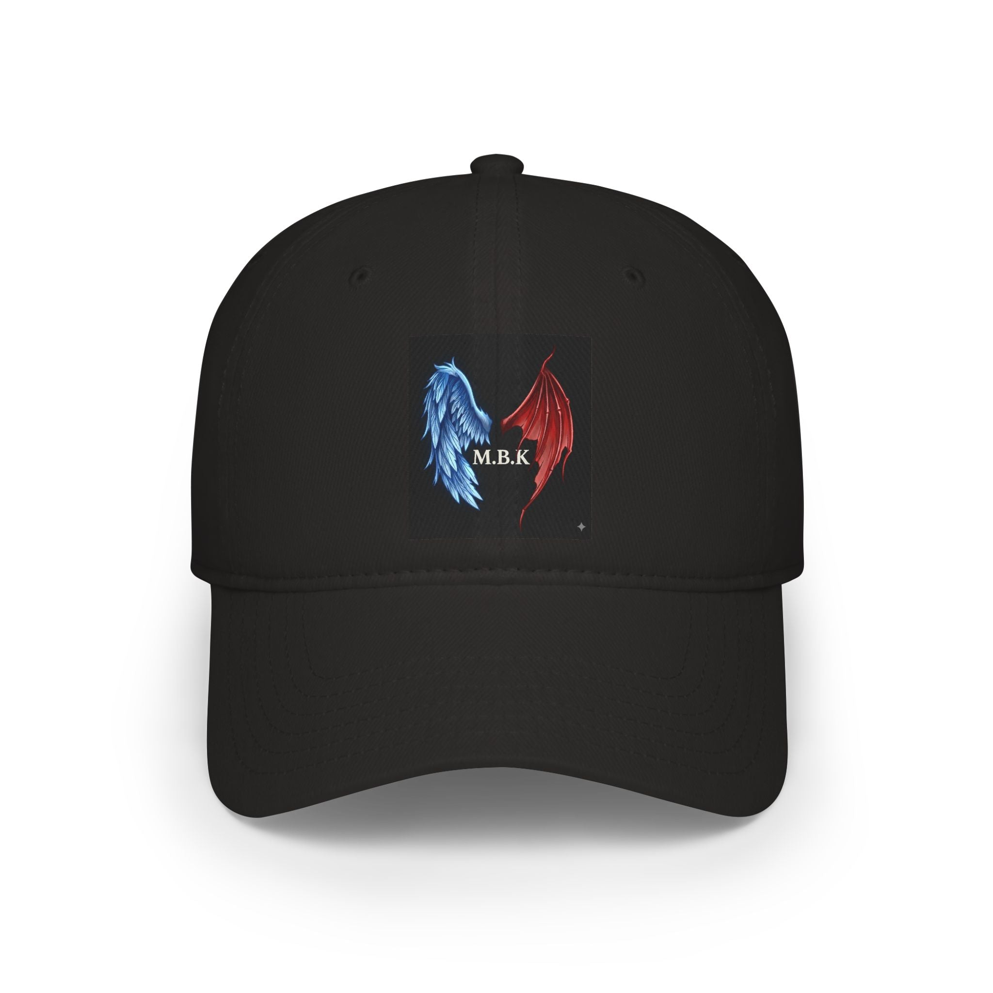 Angel Wings Baseball Cap — Blue & Red Split Wings "M.E.B.K." Embroidered Low Profile Hat
