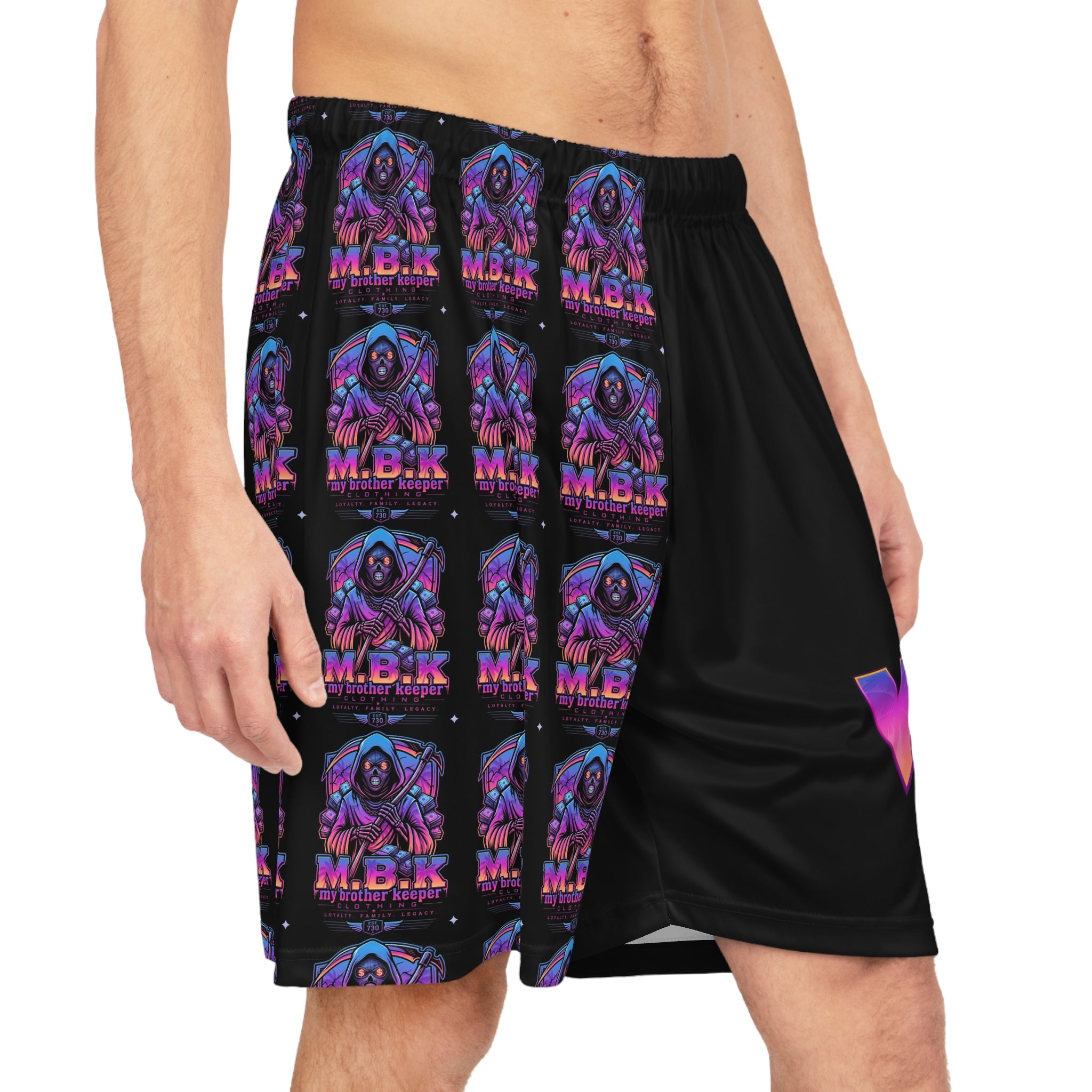 Retro Vaporwave Basketball Shorts — Neon M.D.B. Graphic AOP Athletic Shorts