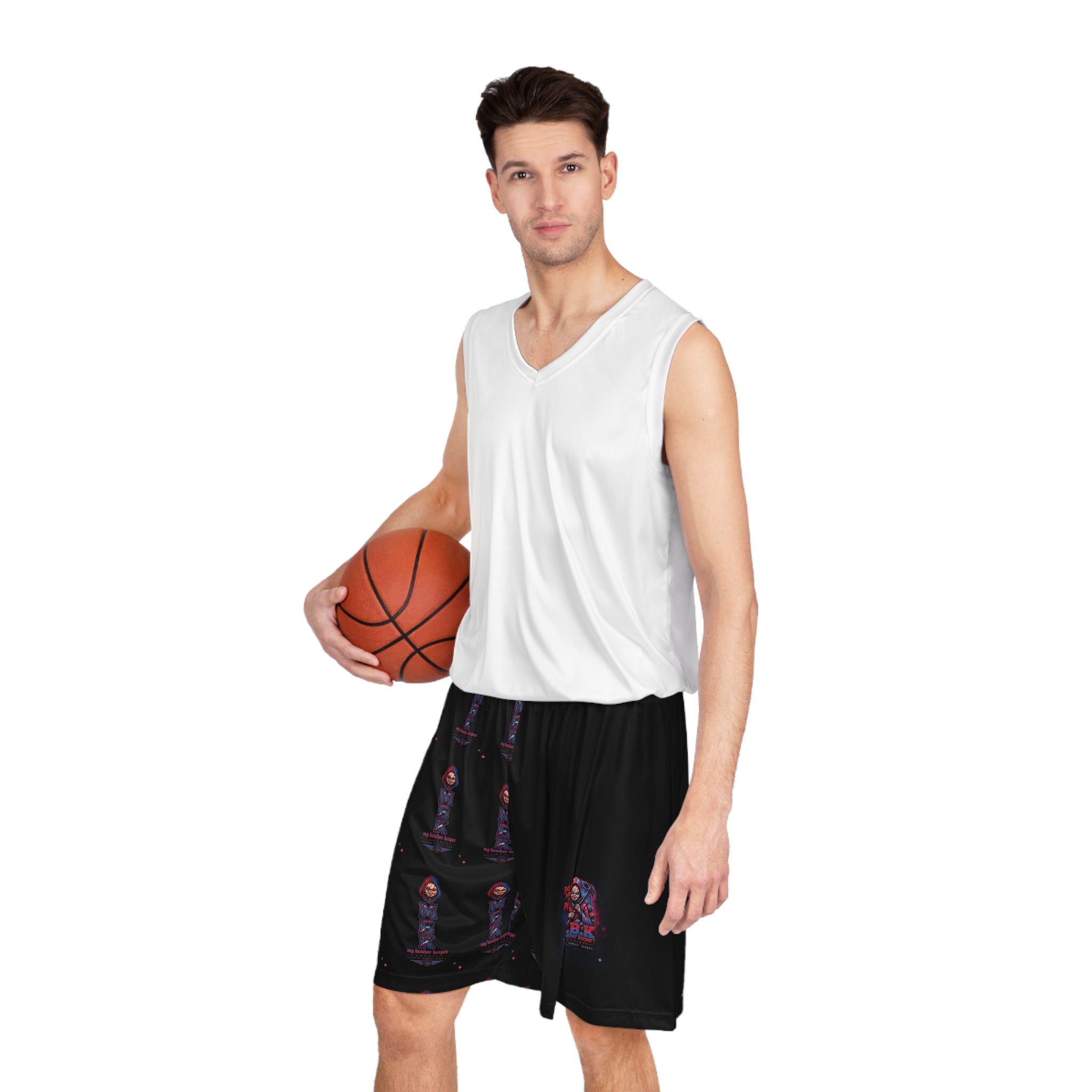 Basketball Shorts — Dark AOP Streetwear with Hooded Figure Graphic