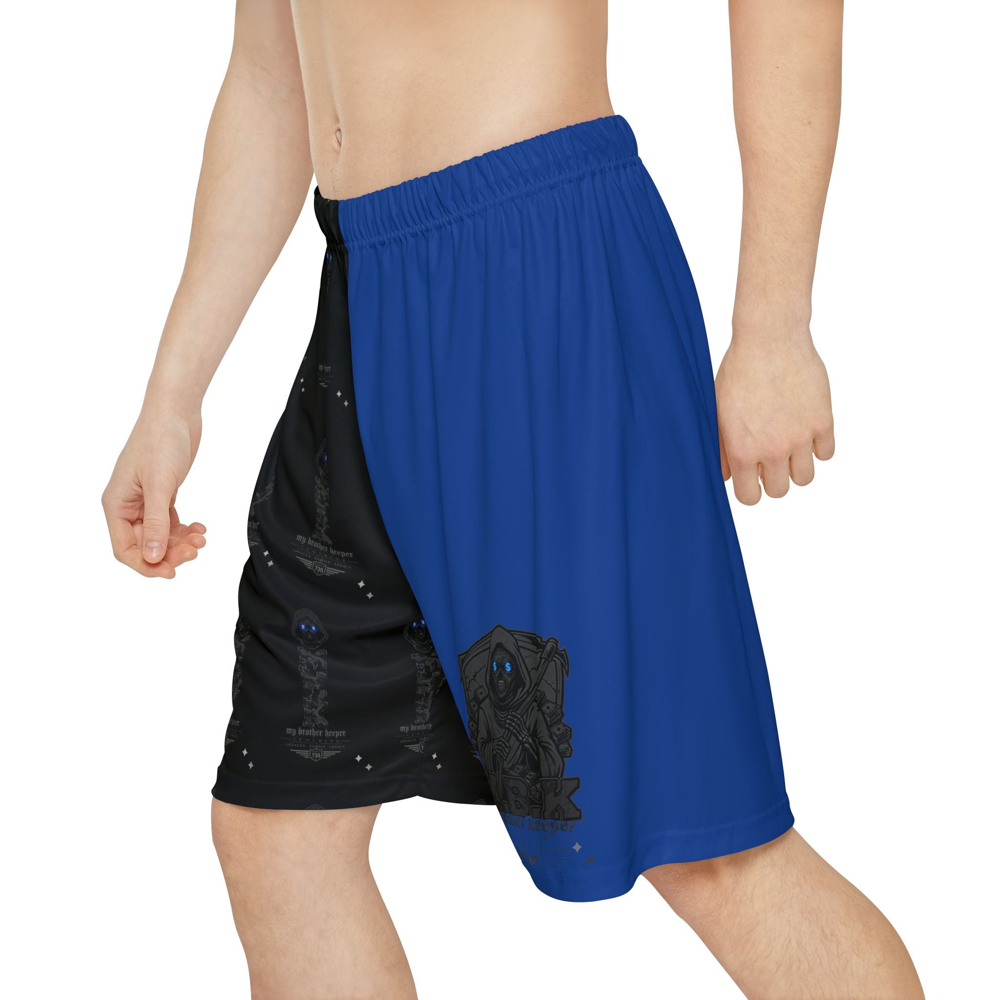 Galaxy Blue & Black Split Athletic Shorts — Space Skull Graphic Men’s Sports Shorts