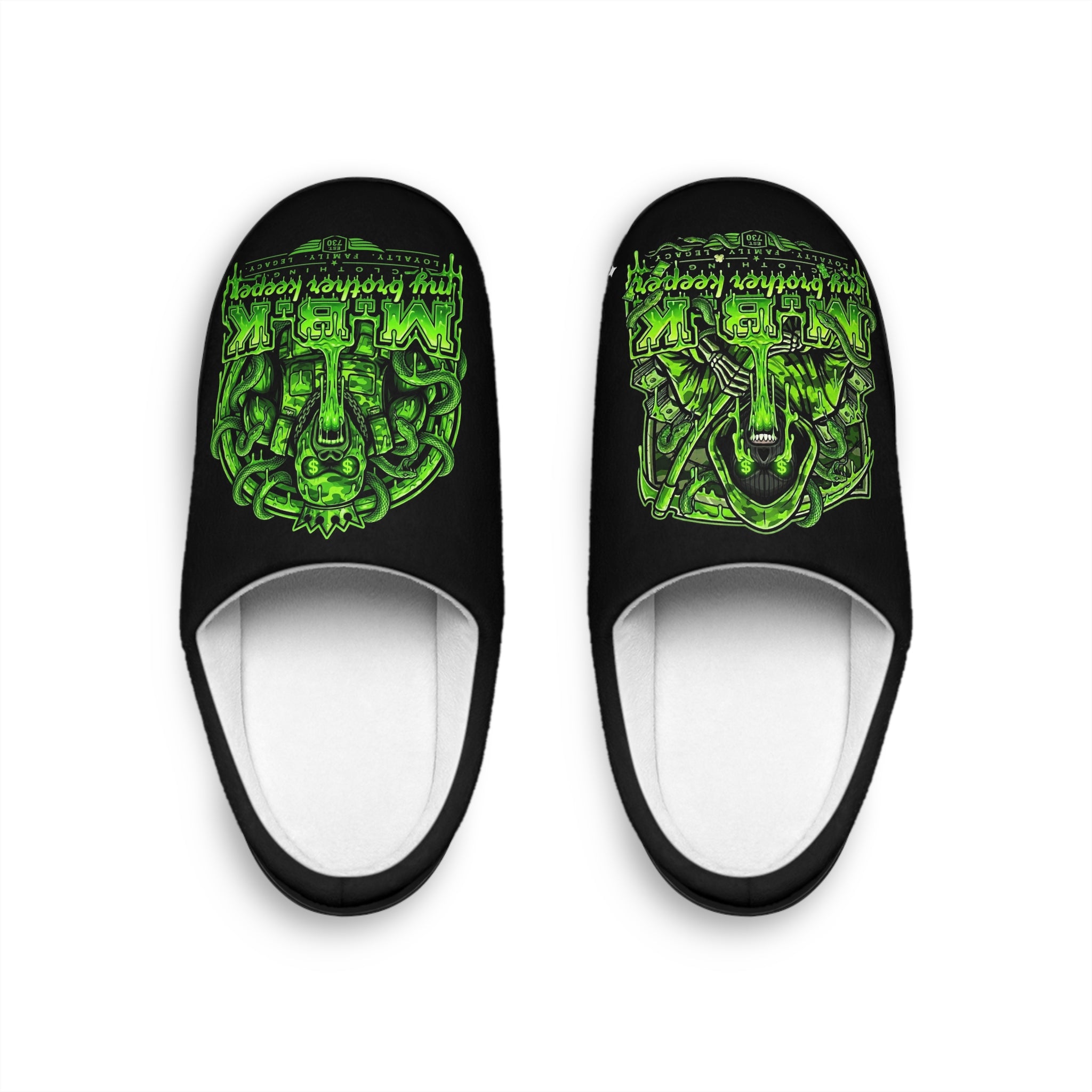 Men's Indoor Slippers — Neon Green Skull Monster Graphic