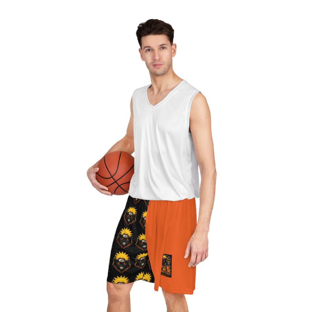 Anime-Inspired Orange Basketball Shorts — Dual-Panel AOP with Character Mask Pattern