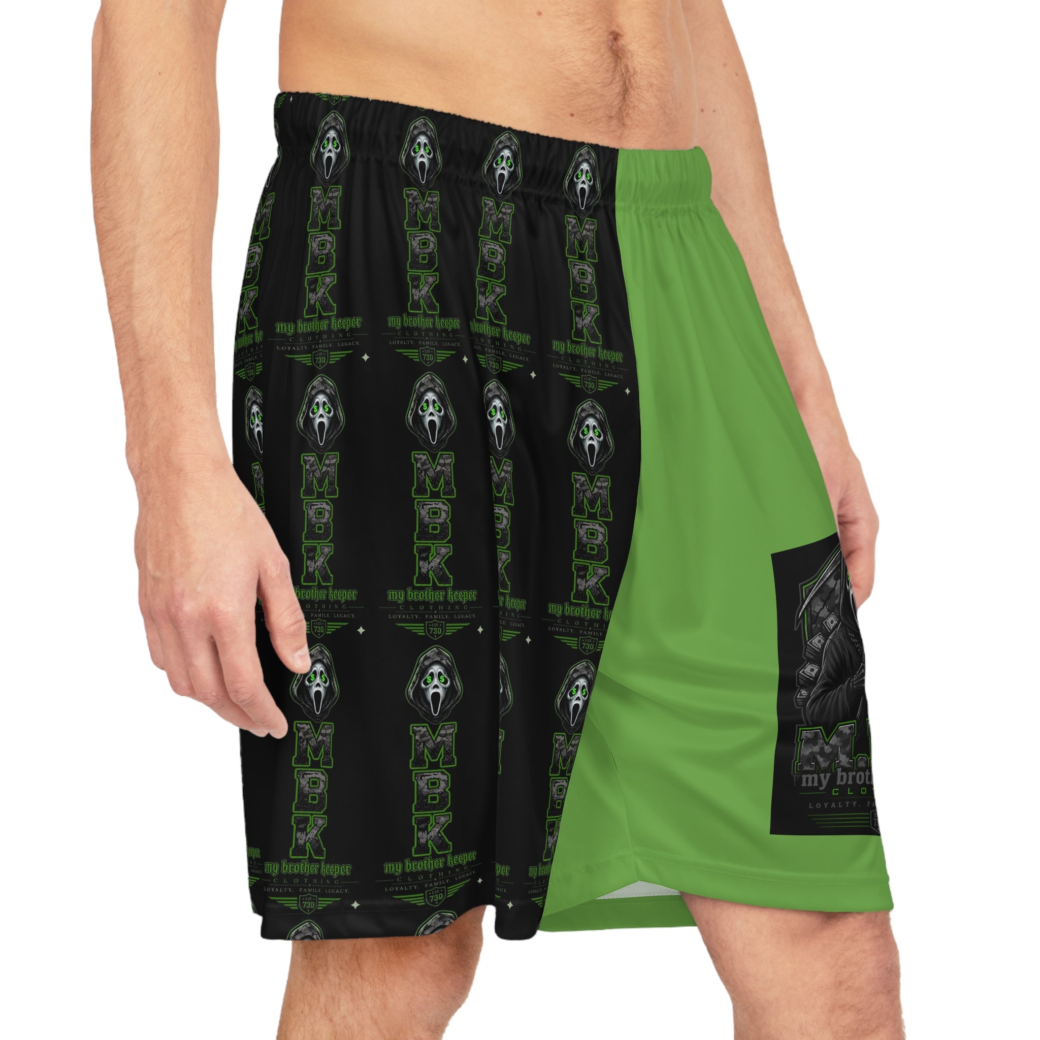 Basketball Shorts — Green & Black Horror Scream Mask All-Over Print