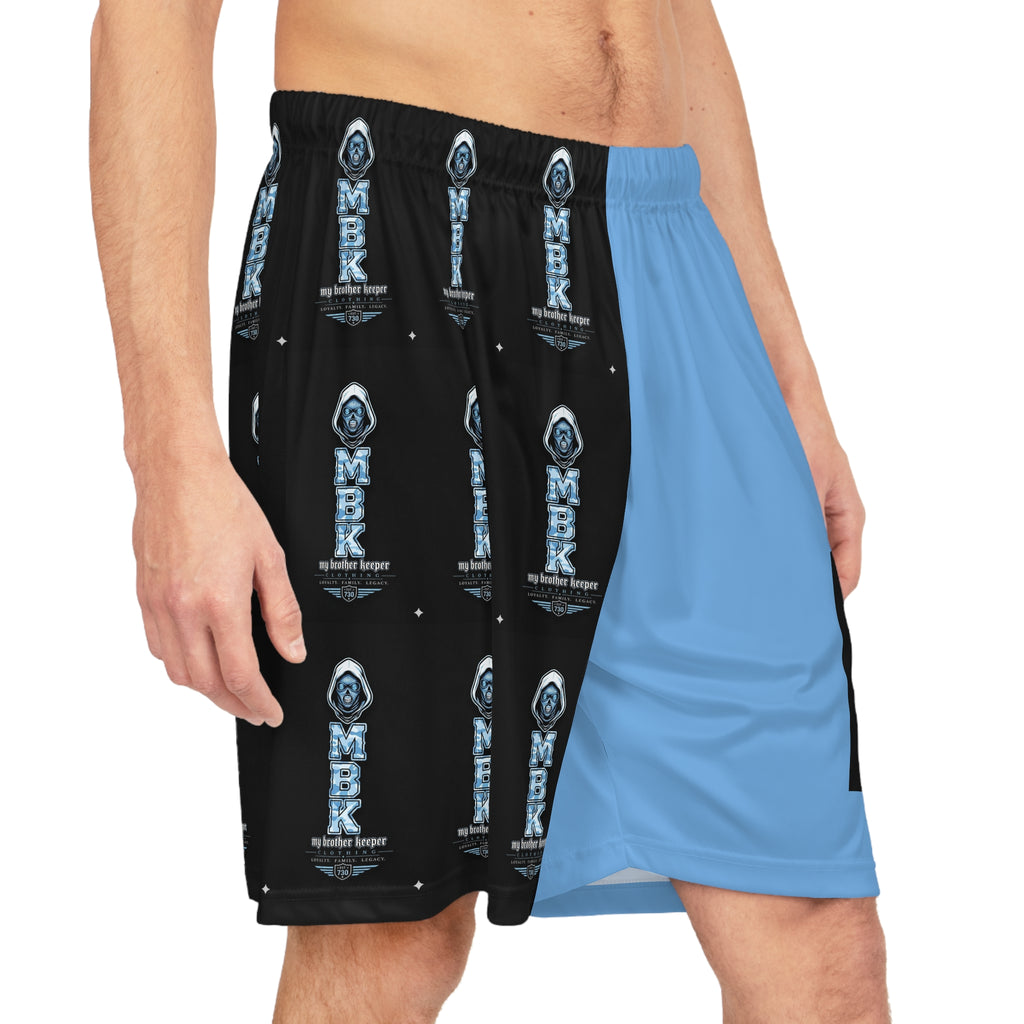 Split-Panel Basketball Shorts — Blue/Black Logo All-Over Print