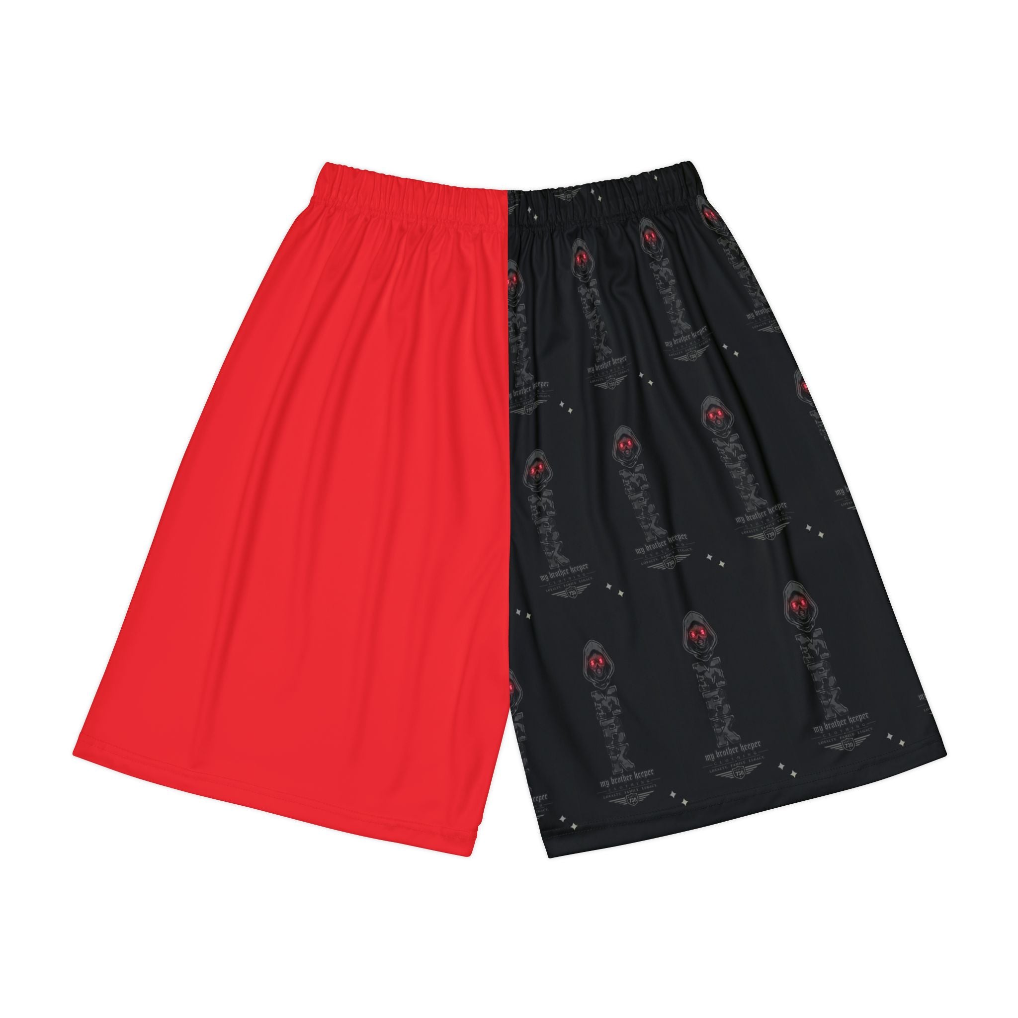 Men’s Split Red & Black Athletic Shorts — Gothic Crest All-Over Print