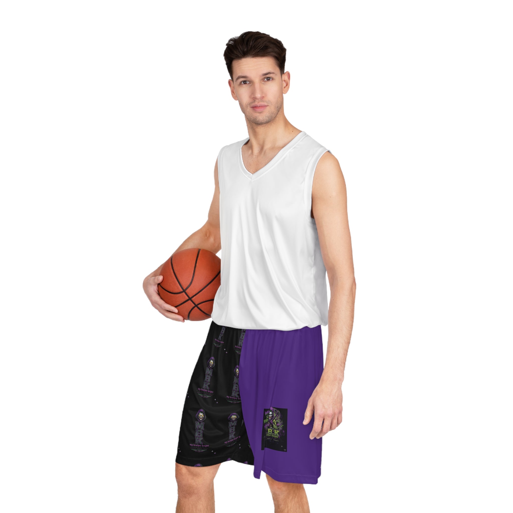 Basketball Shorts — Purple & Black All-Over Print with Icon Patch
