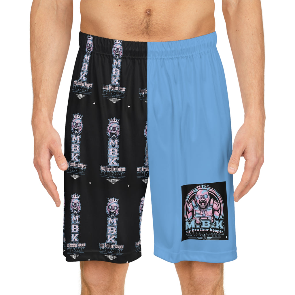 Split-Panel Basketball Shorts with MBK Logo — AOP Athletic Game Shorts