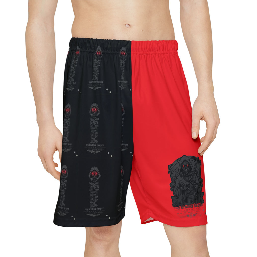 Men’s Split Red & Black Athletic Shorts — Gothic Crest All-Over Print