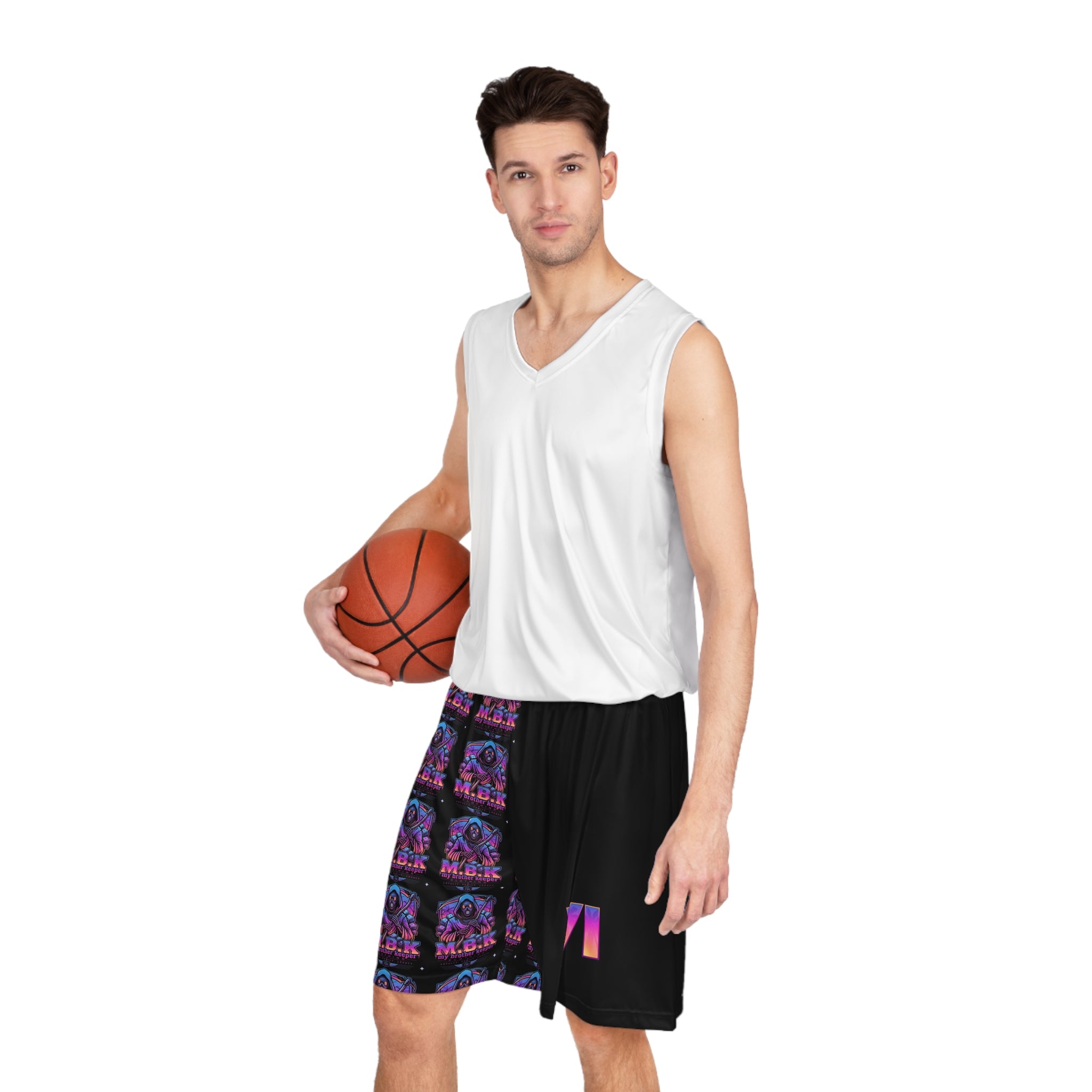 Retro Vaporwave Basketball Shorts — Neon M.D.B. Graphic AOP Athletic Shorts