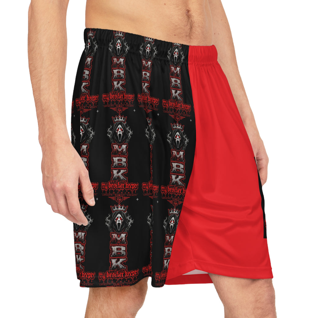 Basketball Shorts — Red & Black All-Over Print with 'Shaker' Skull Graphic