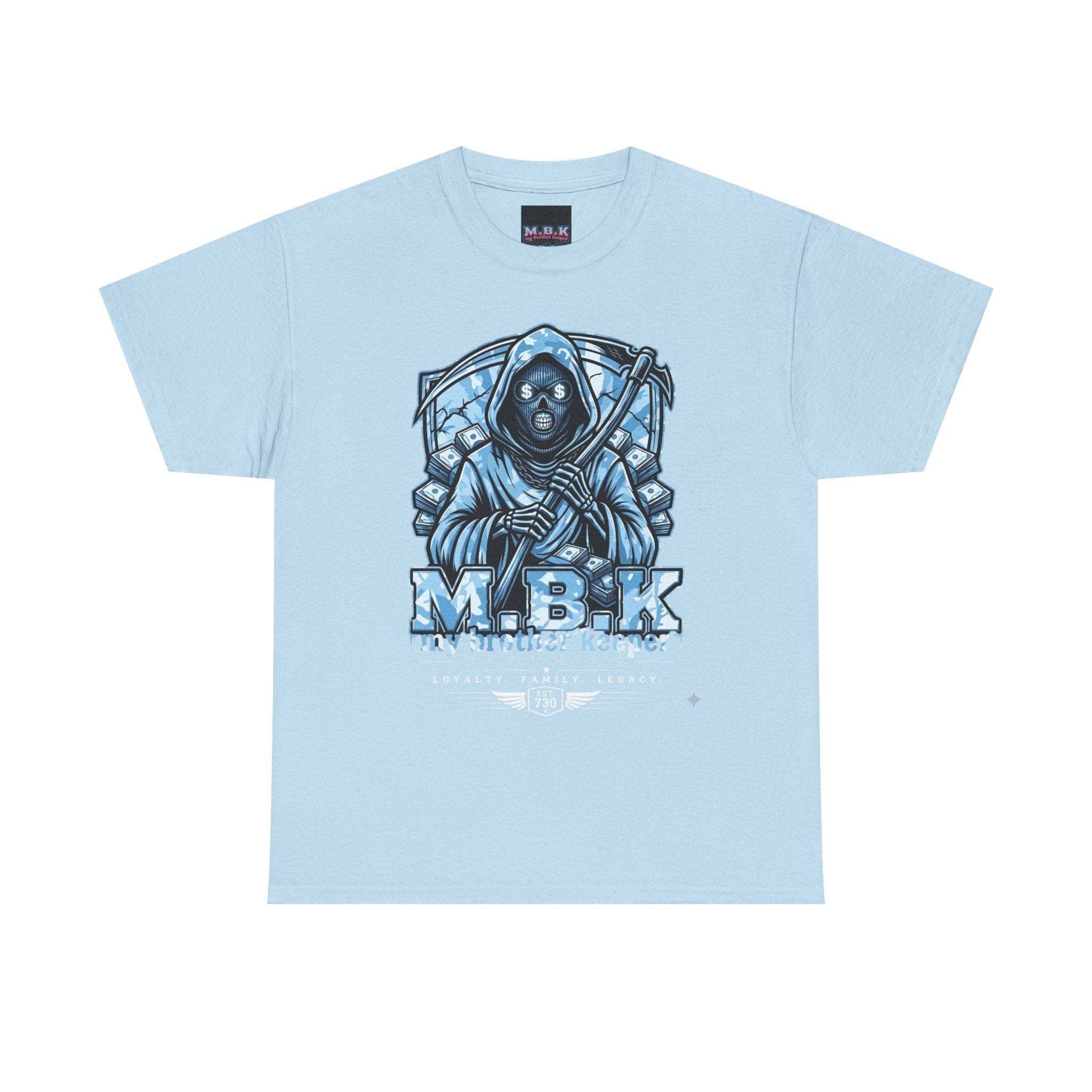 Grim Reaper Graphic Tee — M.B.K. Ice Blue Skull T-Shirt