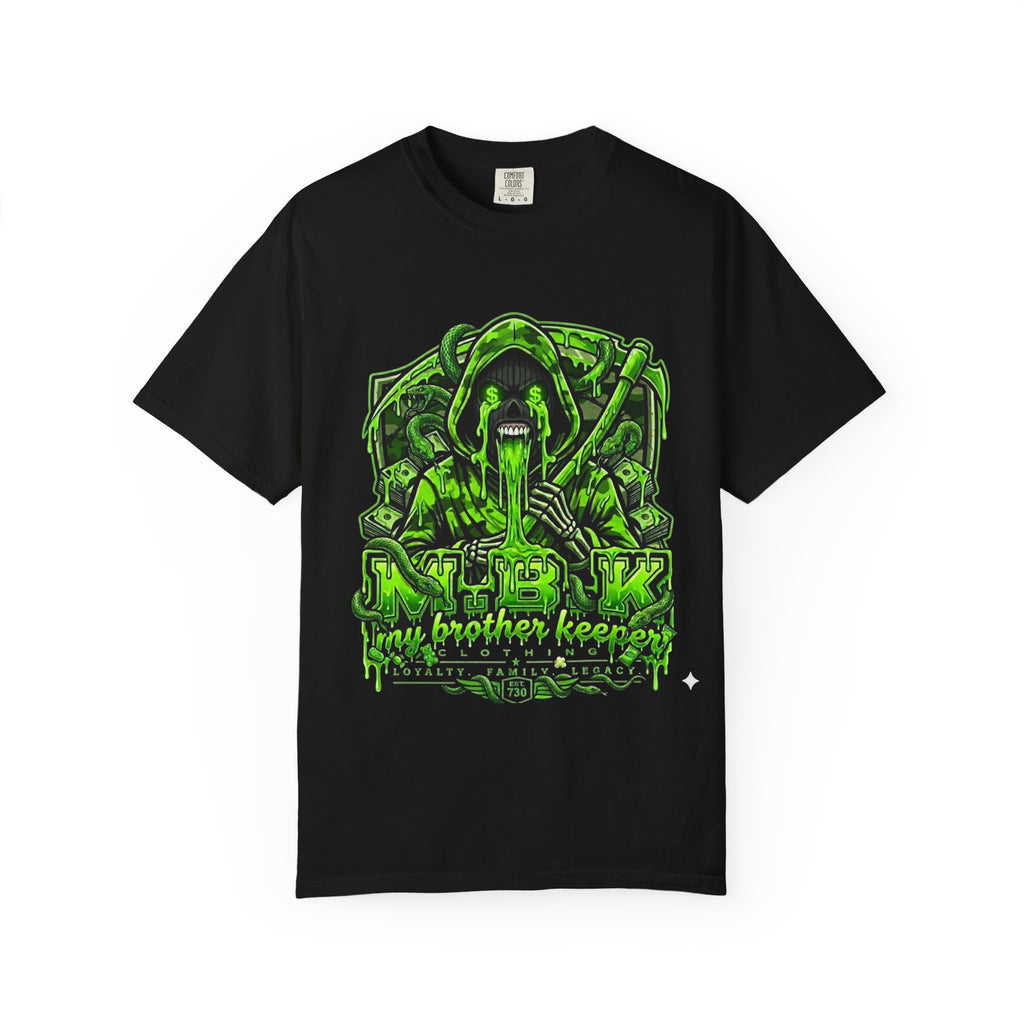 T-Shirt — Neon Green Grim Reaper "My Brother Keeper" Graphic Tee