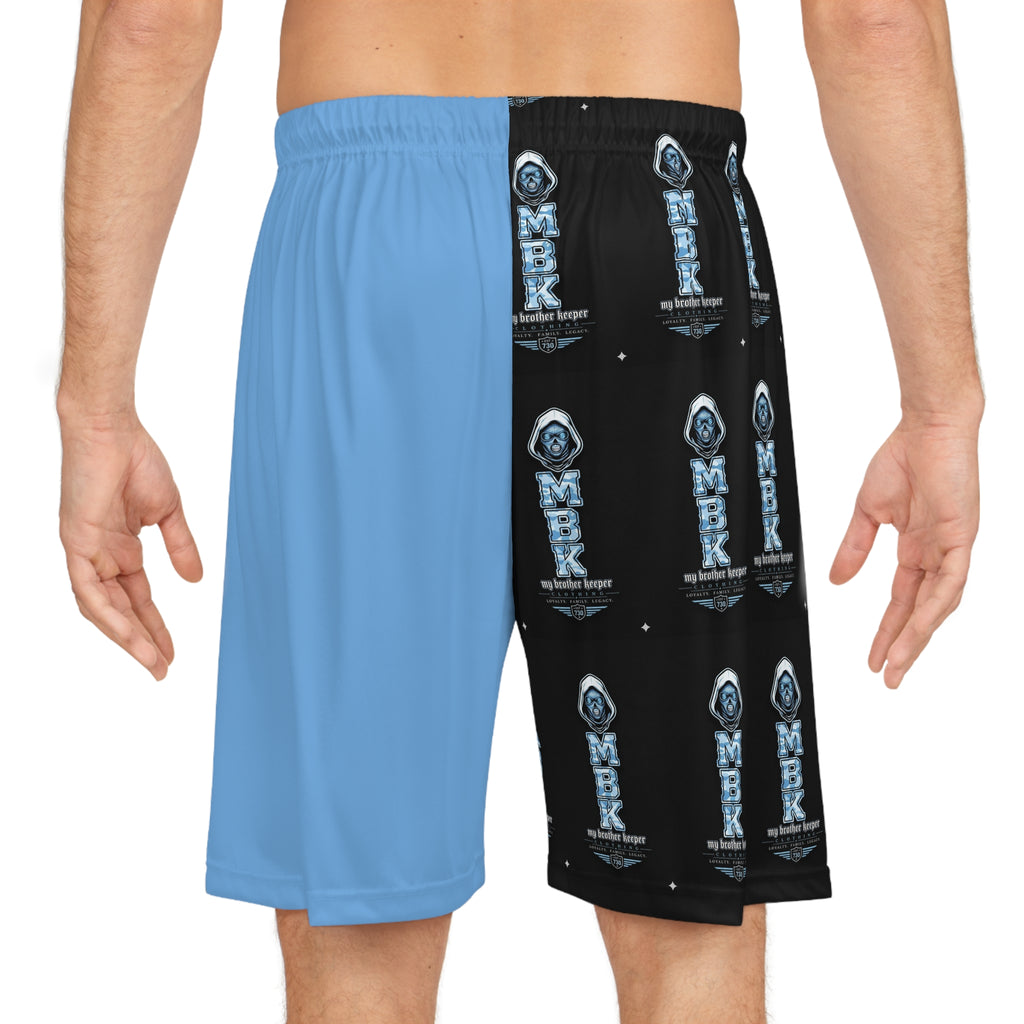 Split-Panel Basketball Shorts — Blue/Black Logo All-Over Print