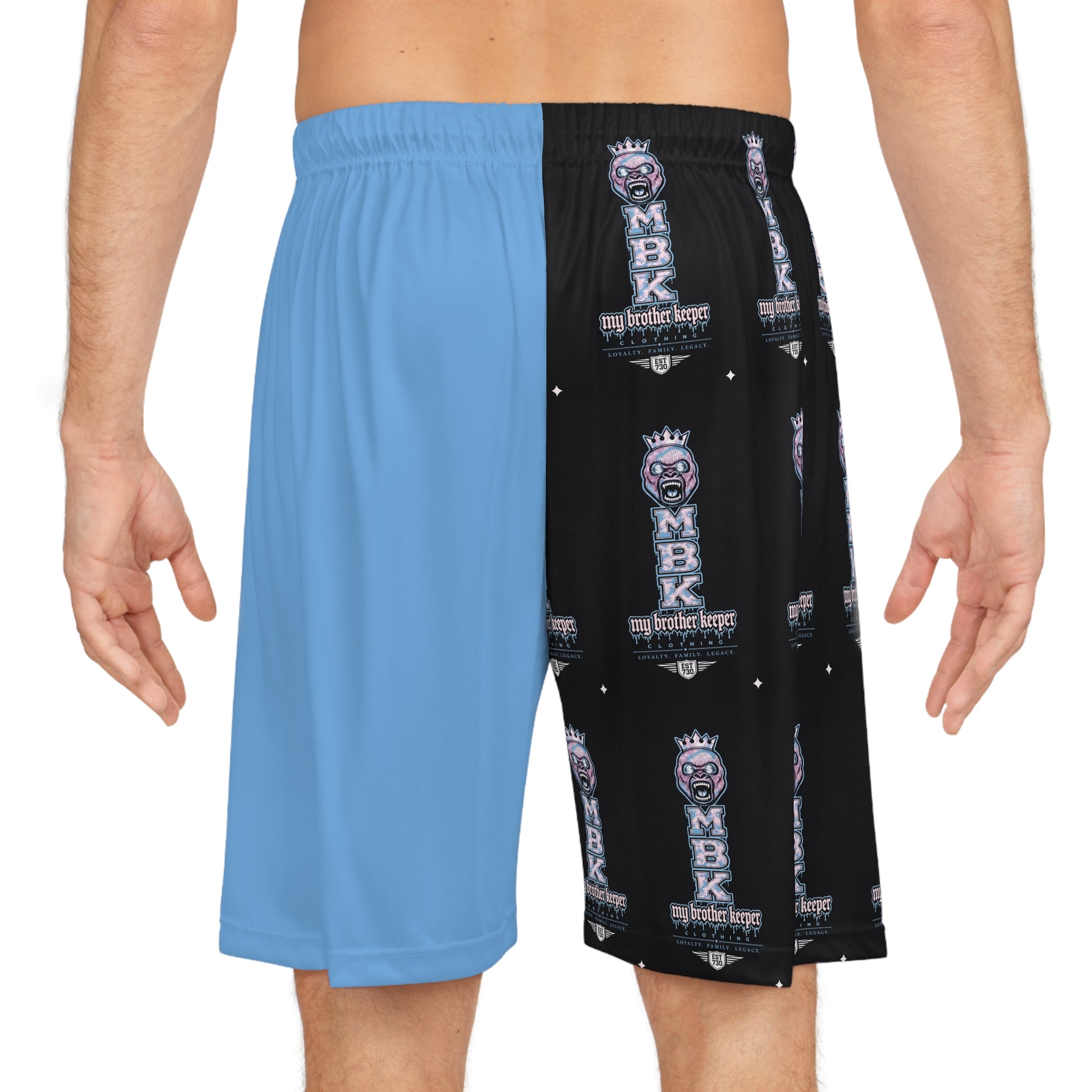 Split-Panel Basketball Shorts with MBK Logo — AOP Athletic Game Shorts