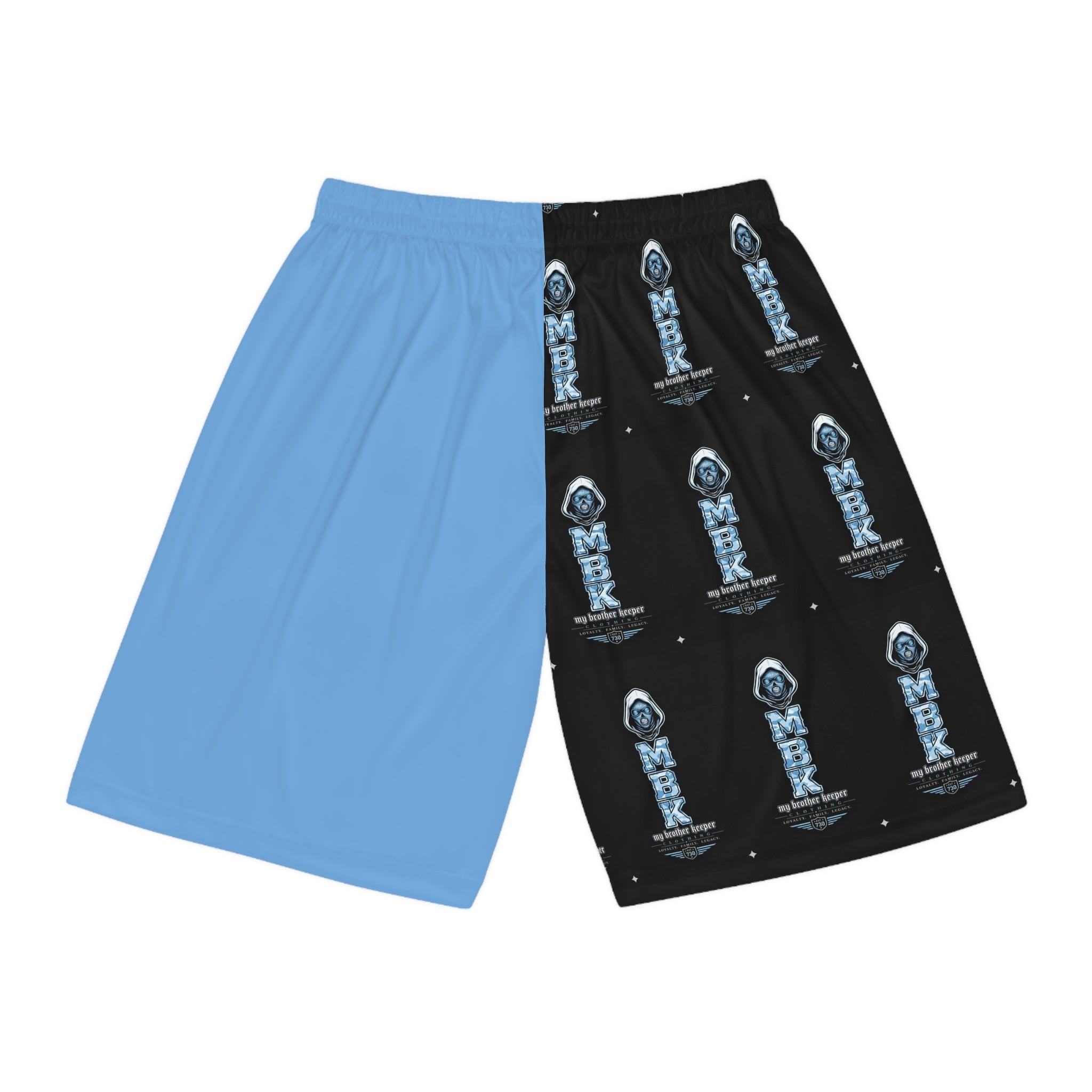 Split-Panel Basketball Shorts — Blue/Black Logo All-Over Print