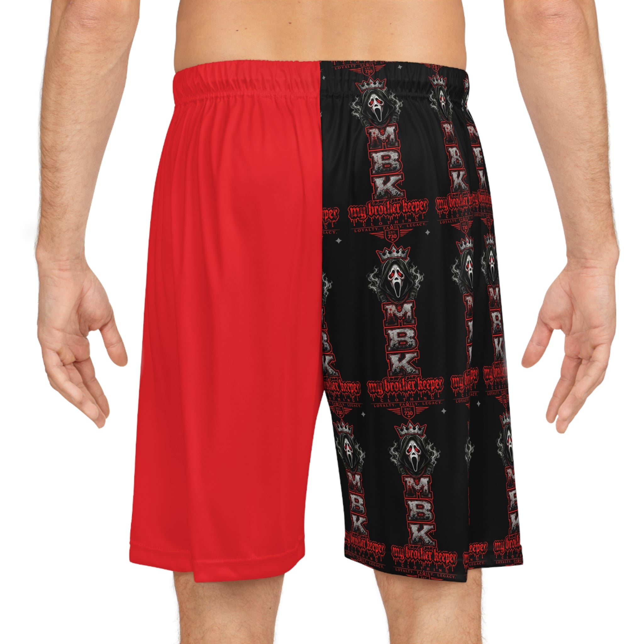 Basketball Shorts — Red & Black All-Over Print with 'Shaker' Skull Graphic