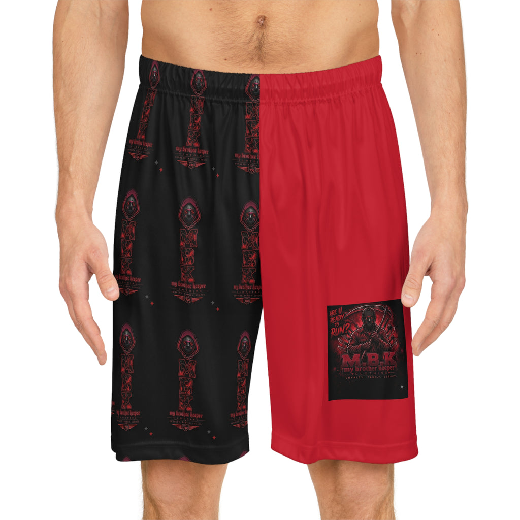 Basketball Shorts - Red & Black All-Over Print Trophy Design