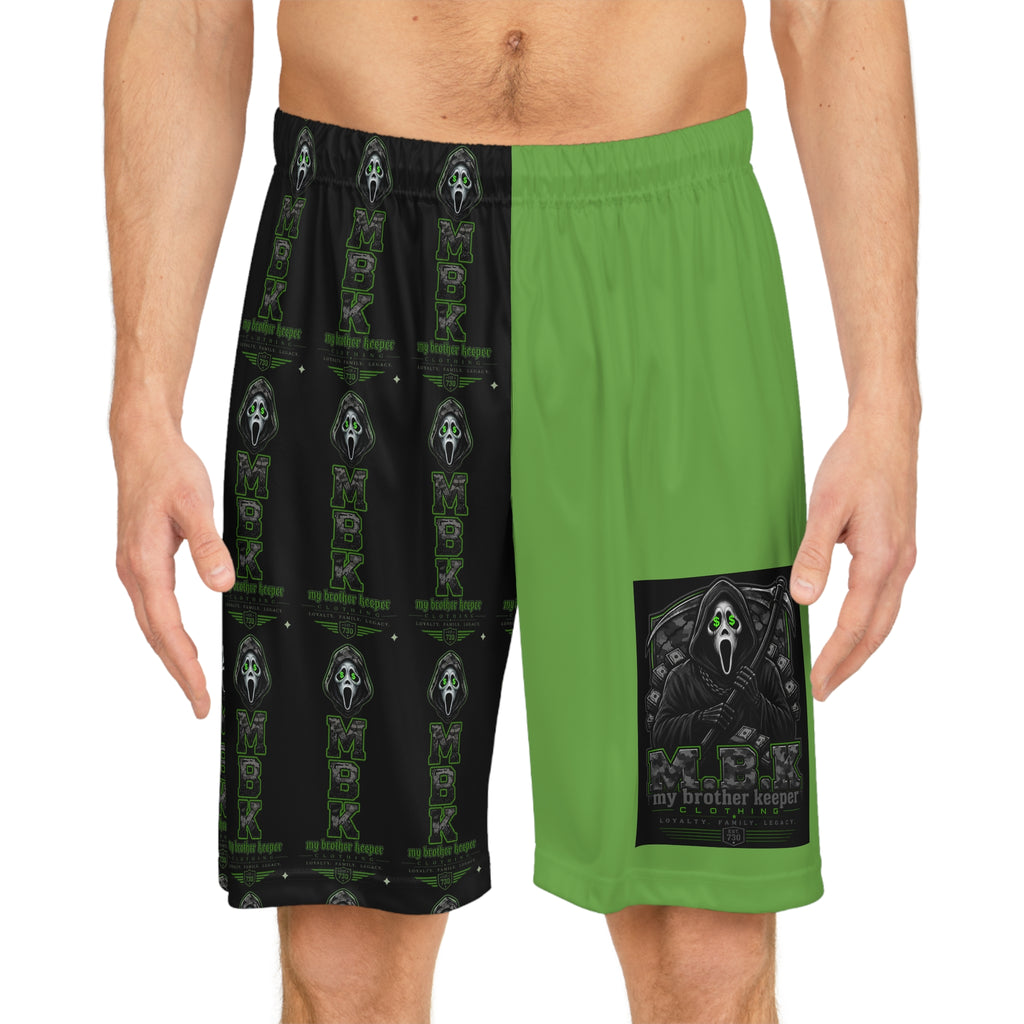 Basketball Shorts — Green & Black Horror Scream Mask All-Over Print