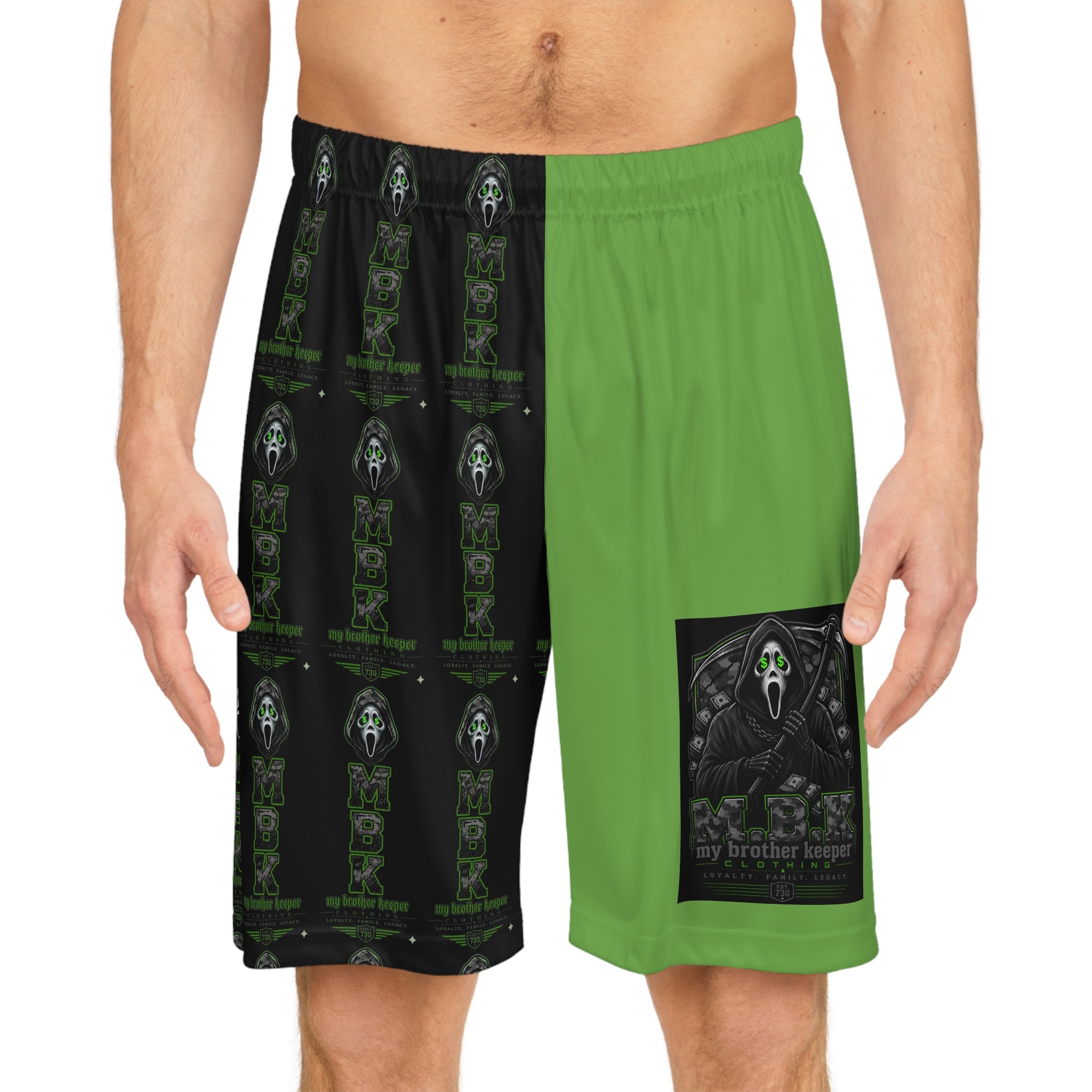 Basketball Shorts — Green & Black Horror Scream Mask All-Over Print