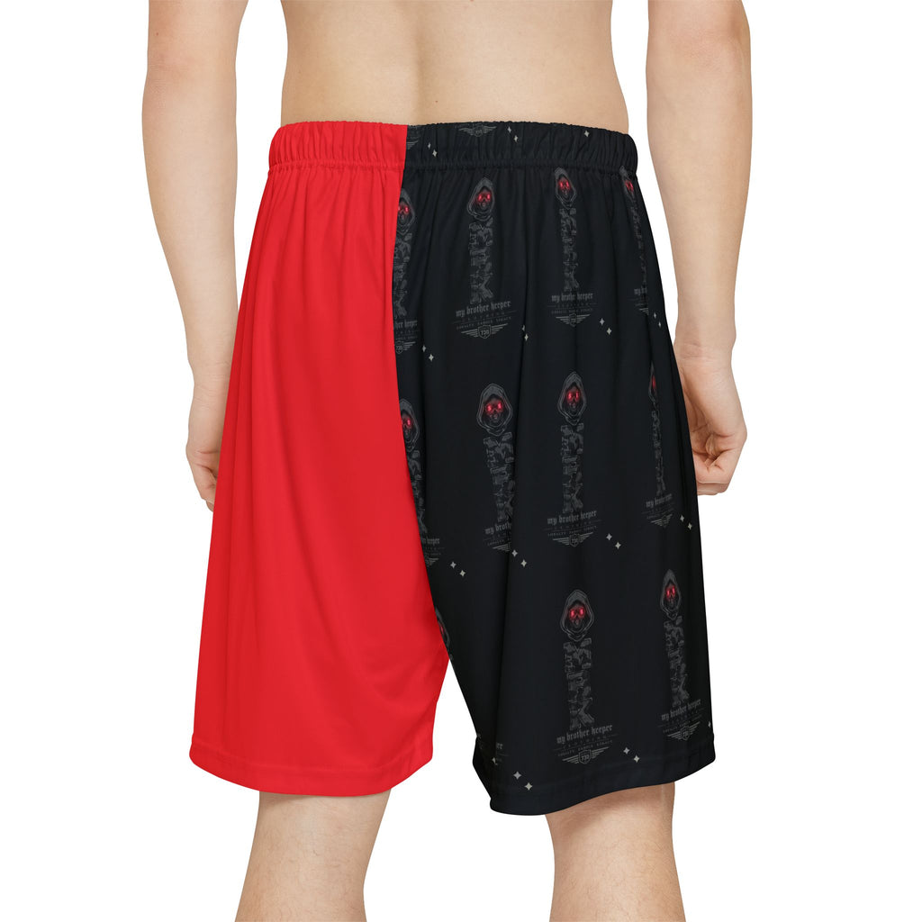 Men’s Split Red & Black Athletic Shorts — Gothic Crest All-Over Print